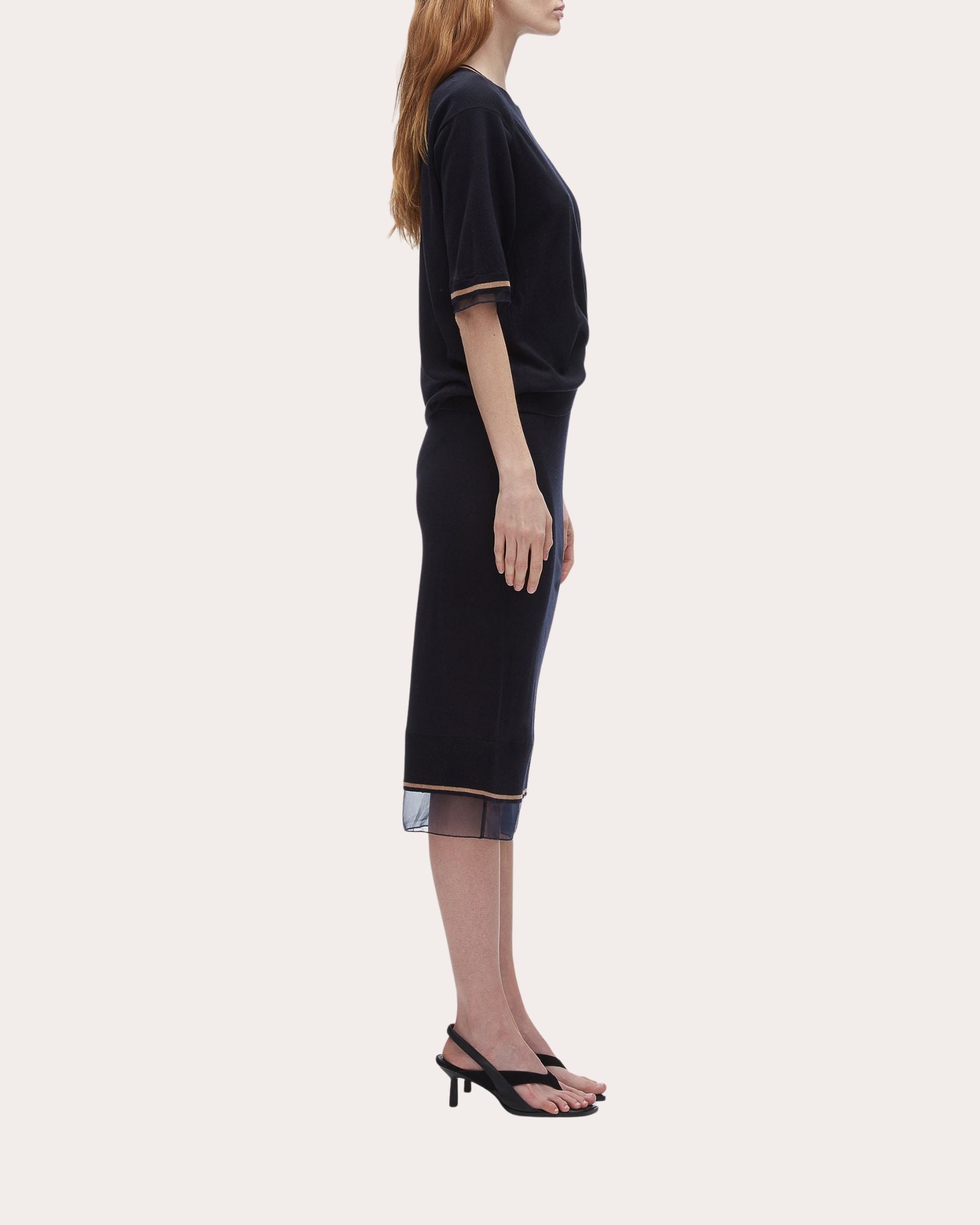 Organza Trimmed Gathered Wool Sweater Dress