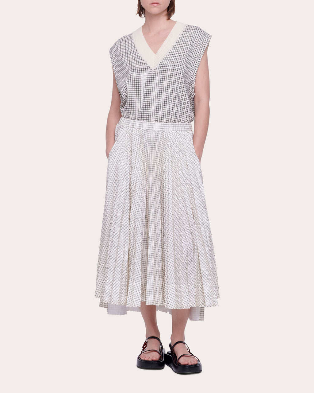 Pleated Check High-Low Skirt