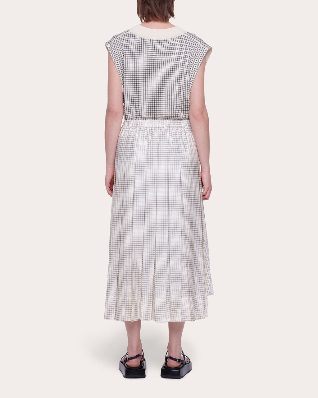 Pleated Check High-Low Skirt