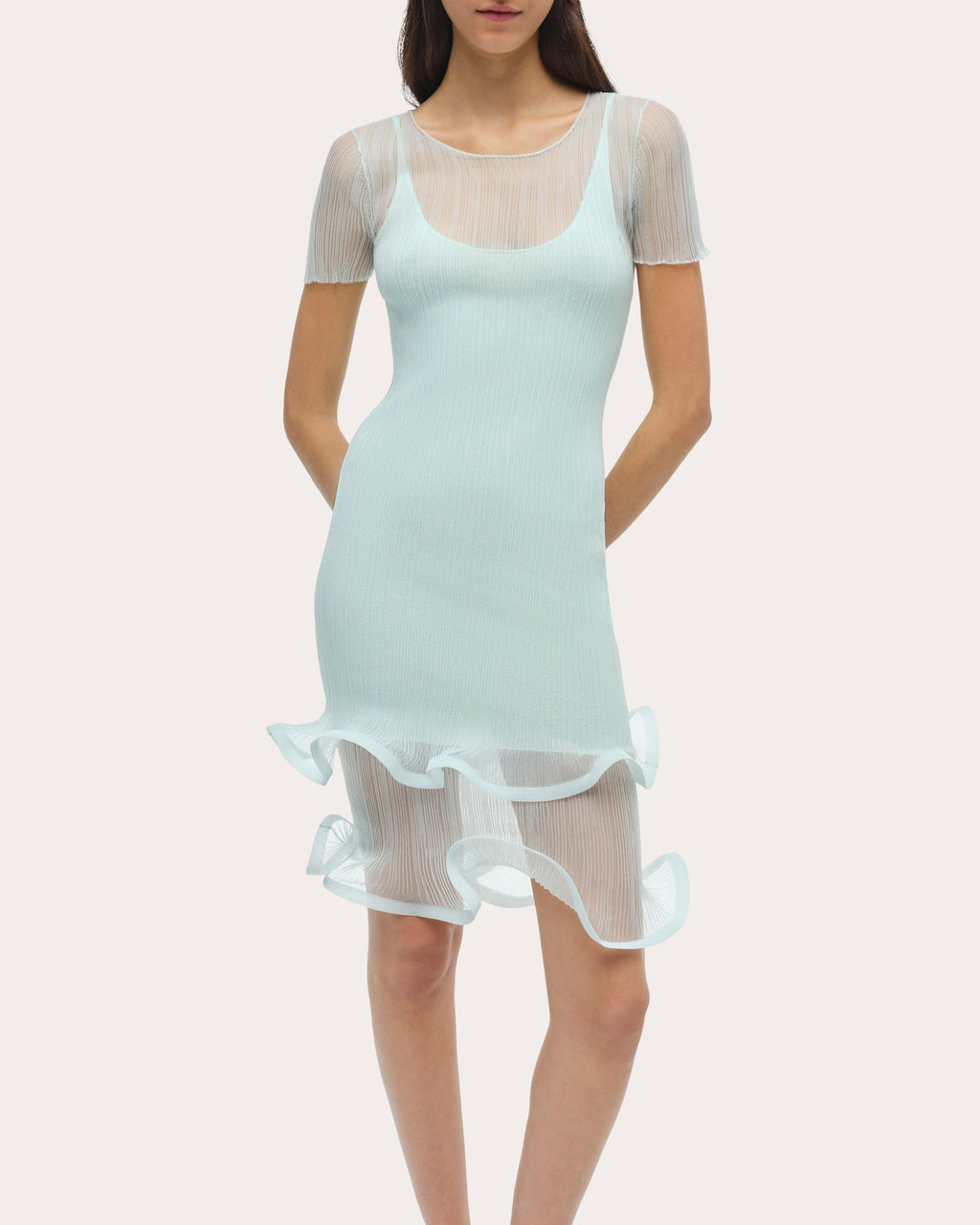 Jett Sheer Plissé Ruffle Mini Dress
