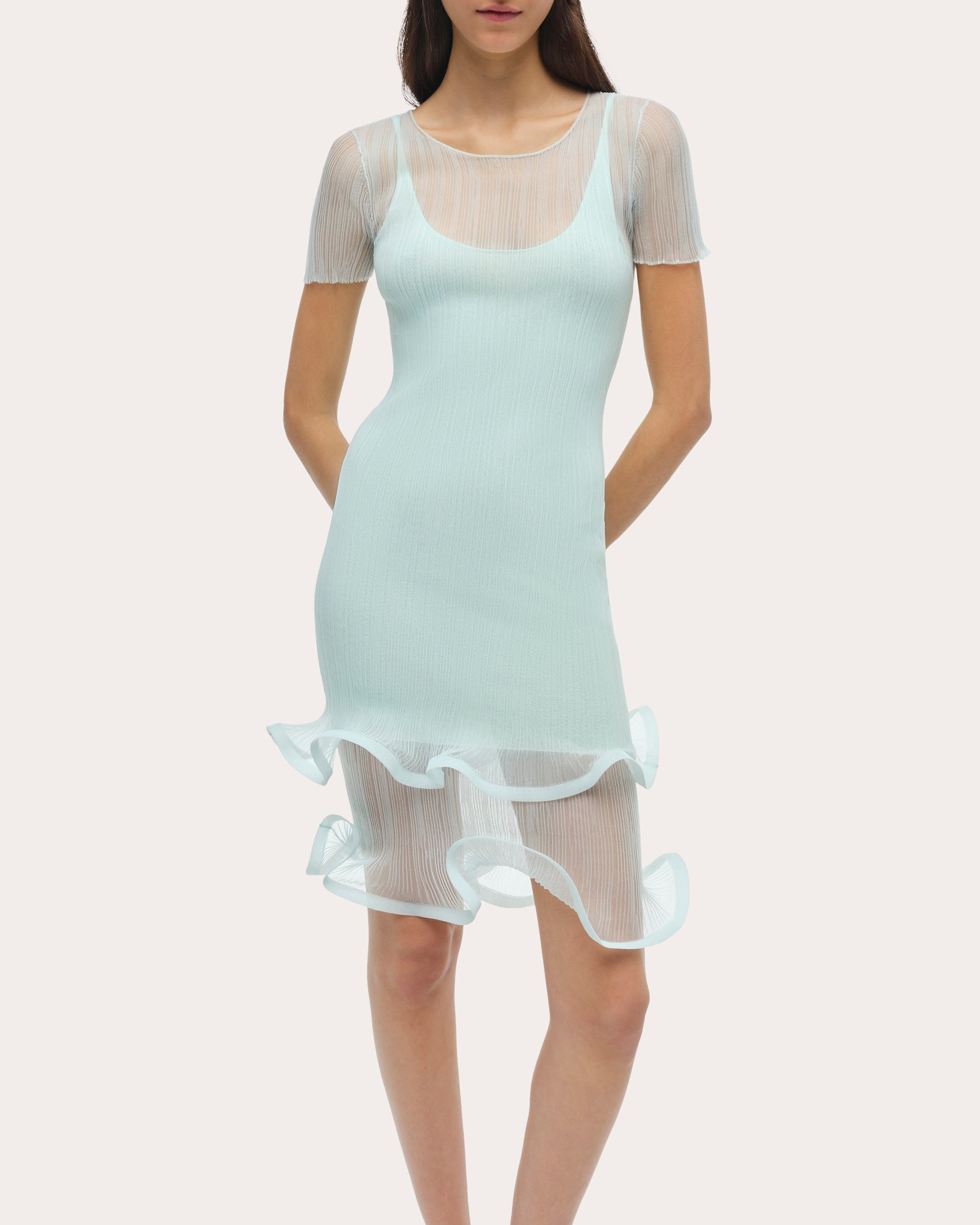 Jett Sheer Plissé Ruffle Mini Dress