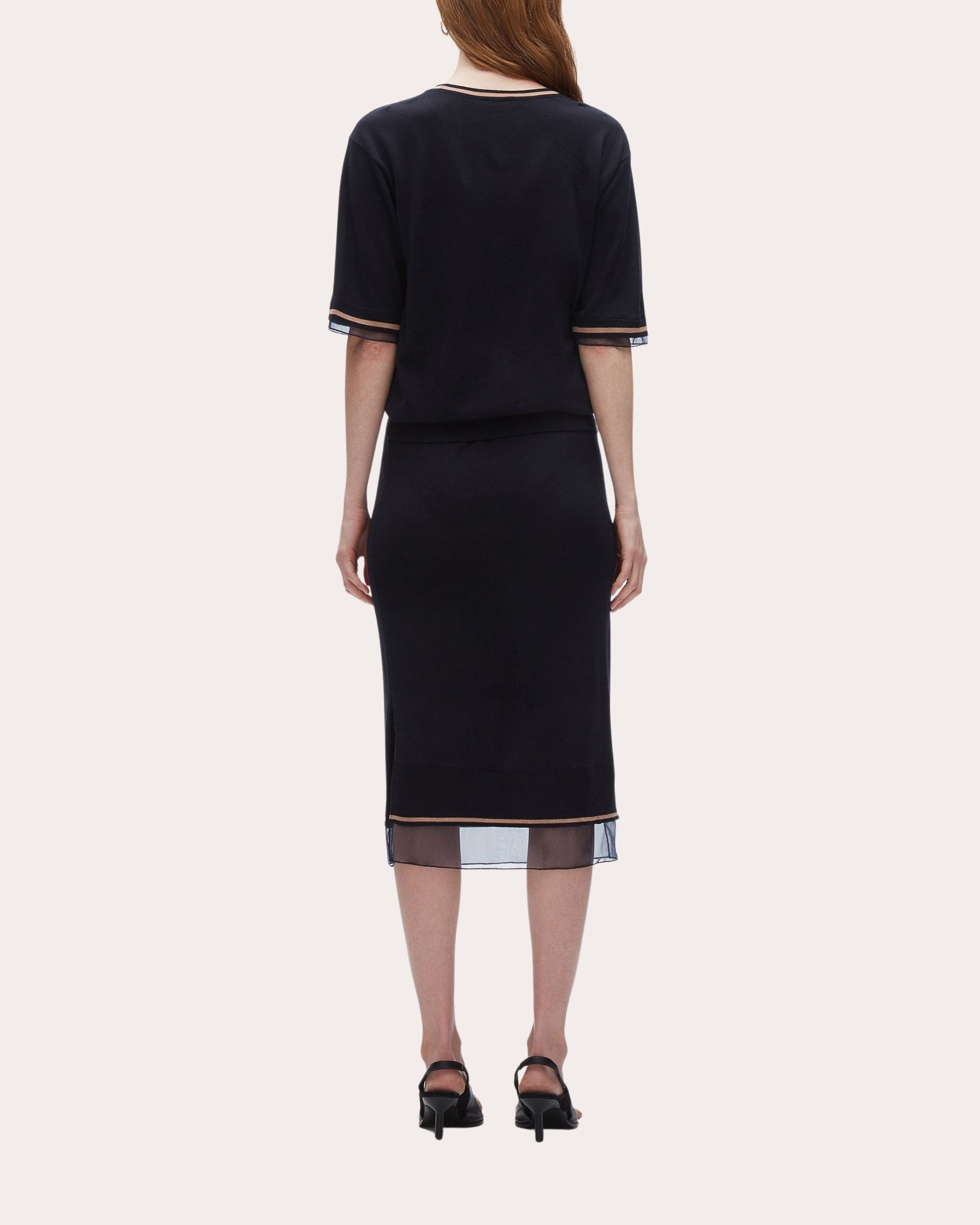 Organza Trimmed Gathered Wool Sweater Dress