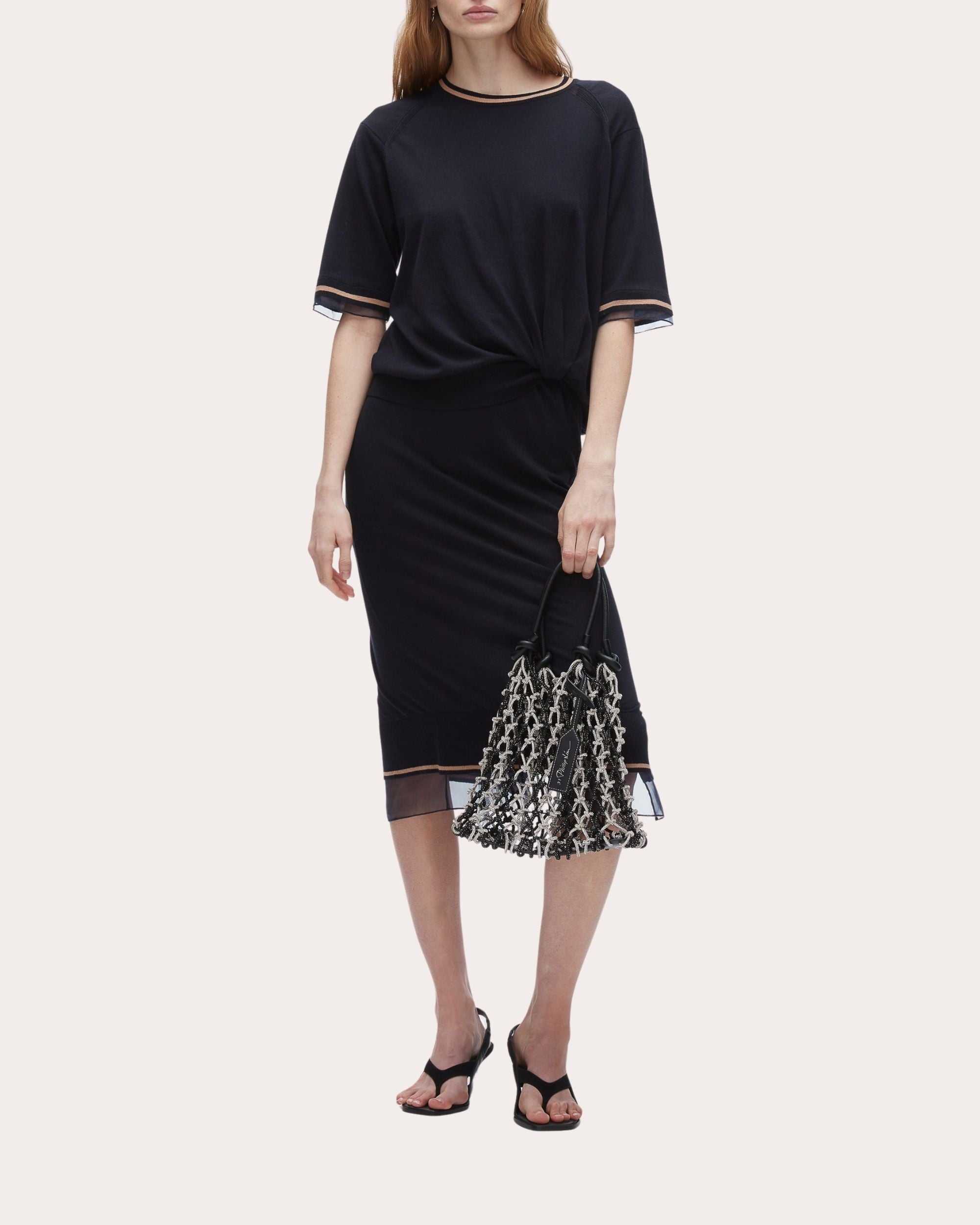 Organza Trimmed Gathered Wool Sweater Dress