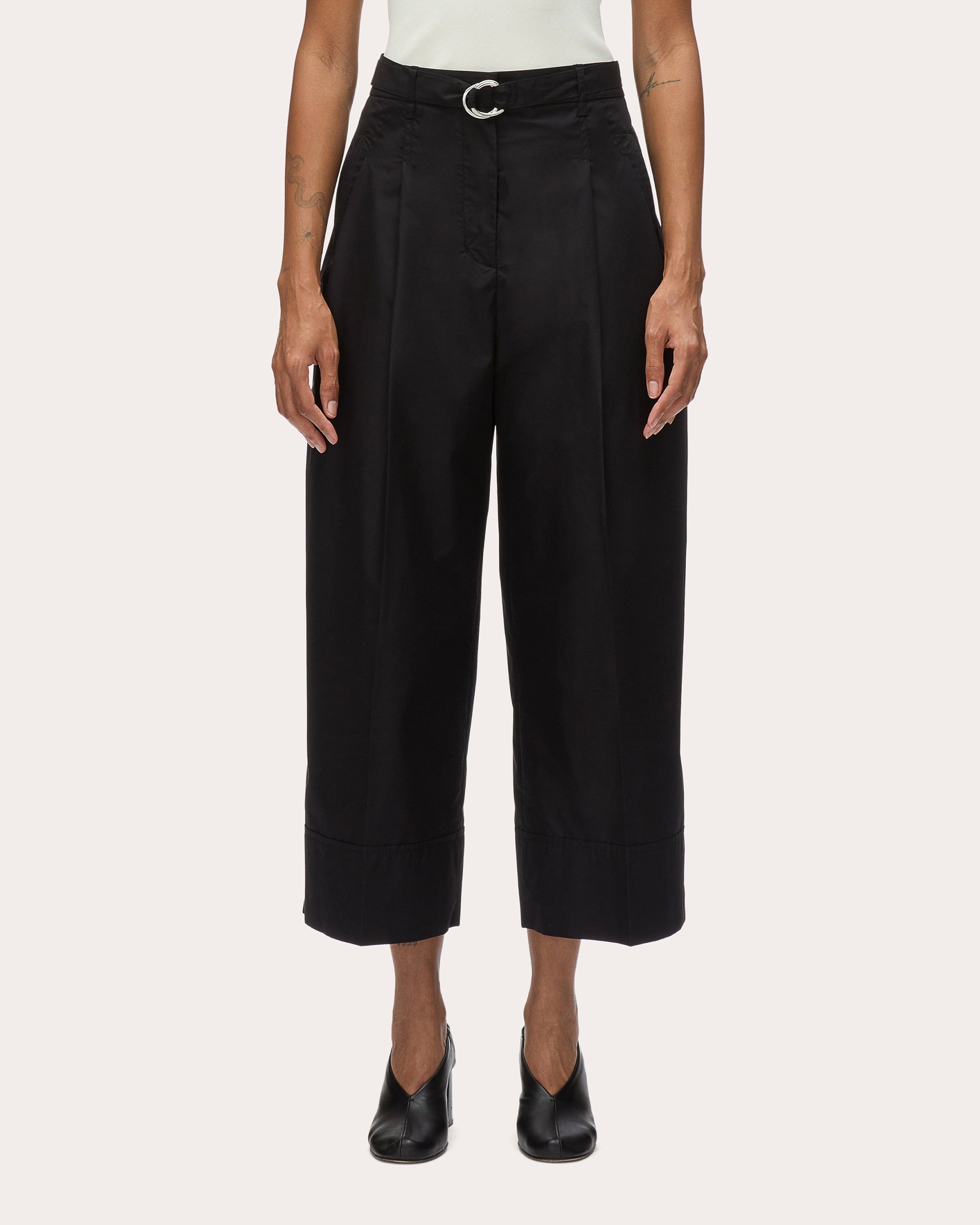 Cropped Pleated Wide-Leg Poplin Pants
