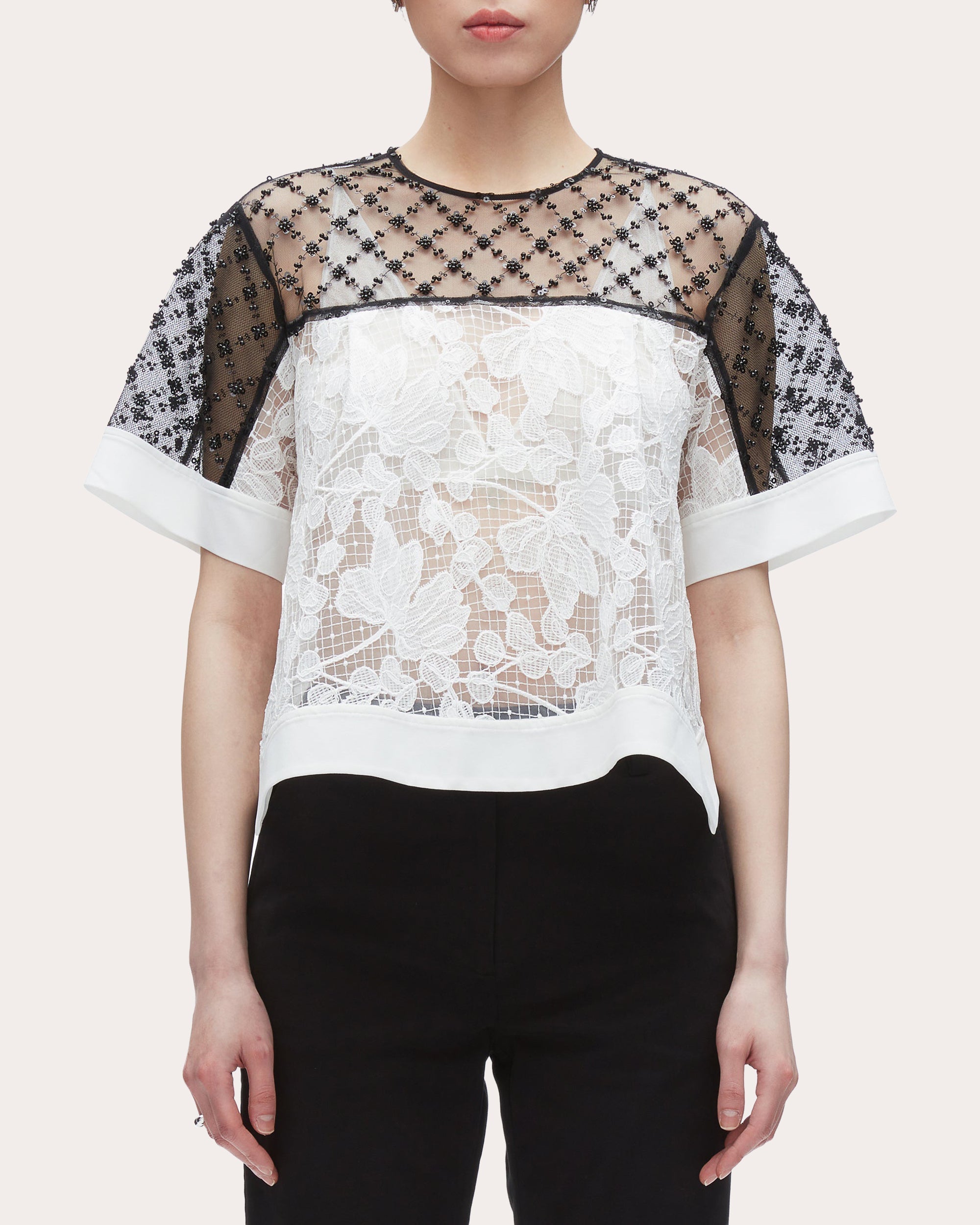 Embellished Floral Lace Organza Top