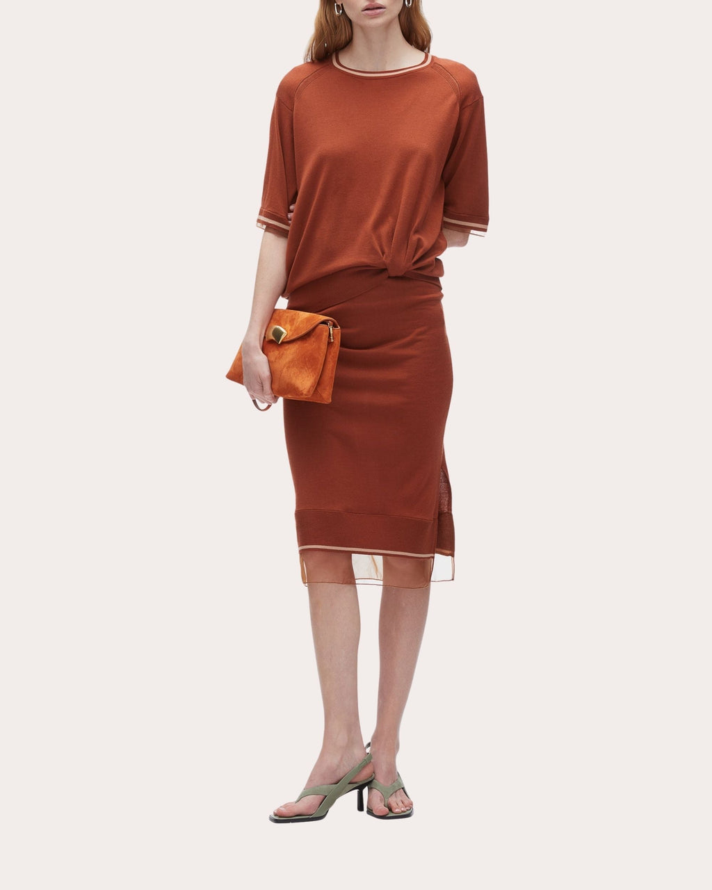Organza Trimmed Gathered Wool Sweater Dress