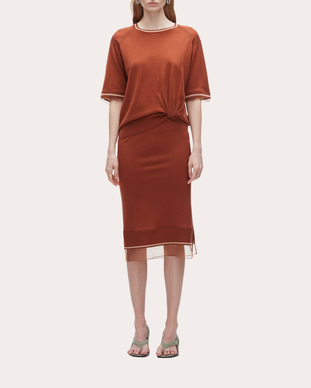 Organza Trimmed Gathered Wool Sweater Dress