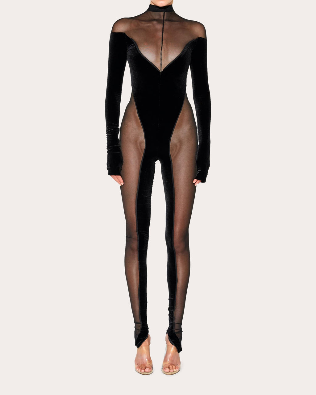 Velvet-Panel Off-Shoulder Mesh Catsuit