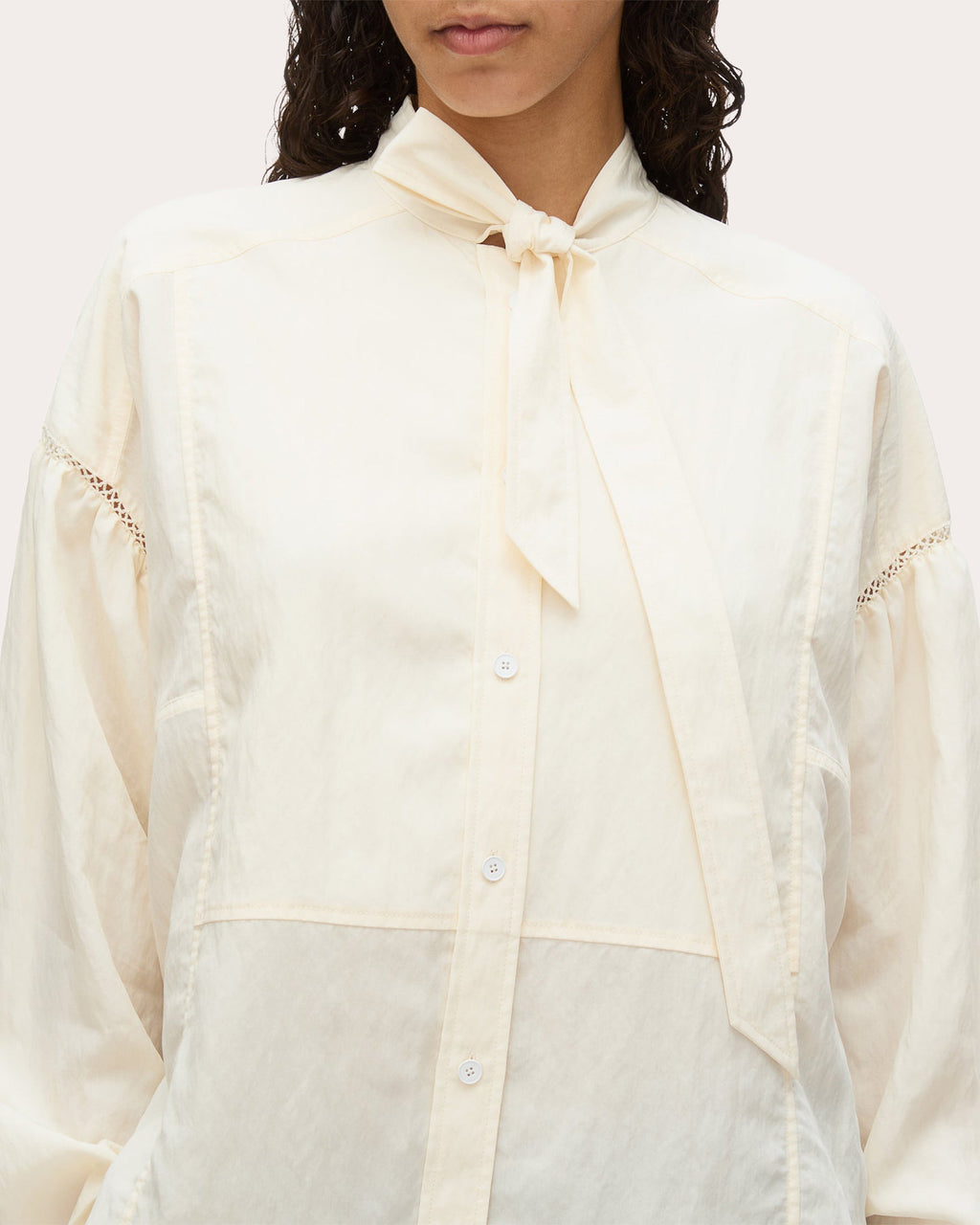 Tie-Neck Techno Poplin Tuxedo Blouse