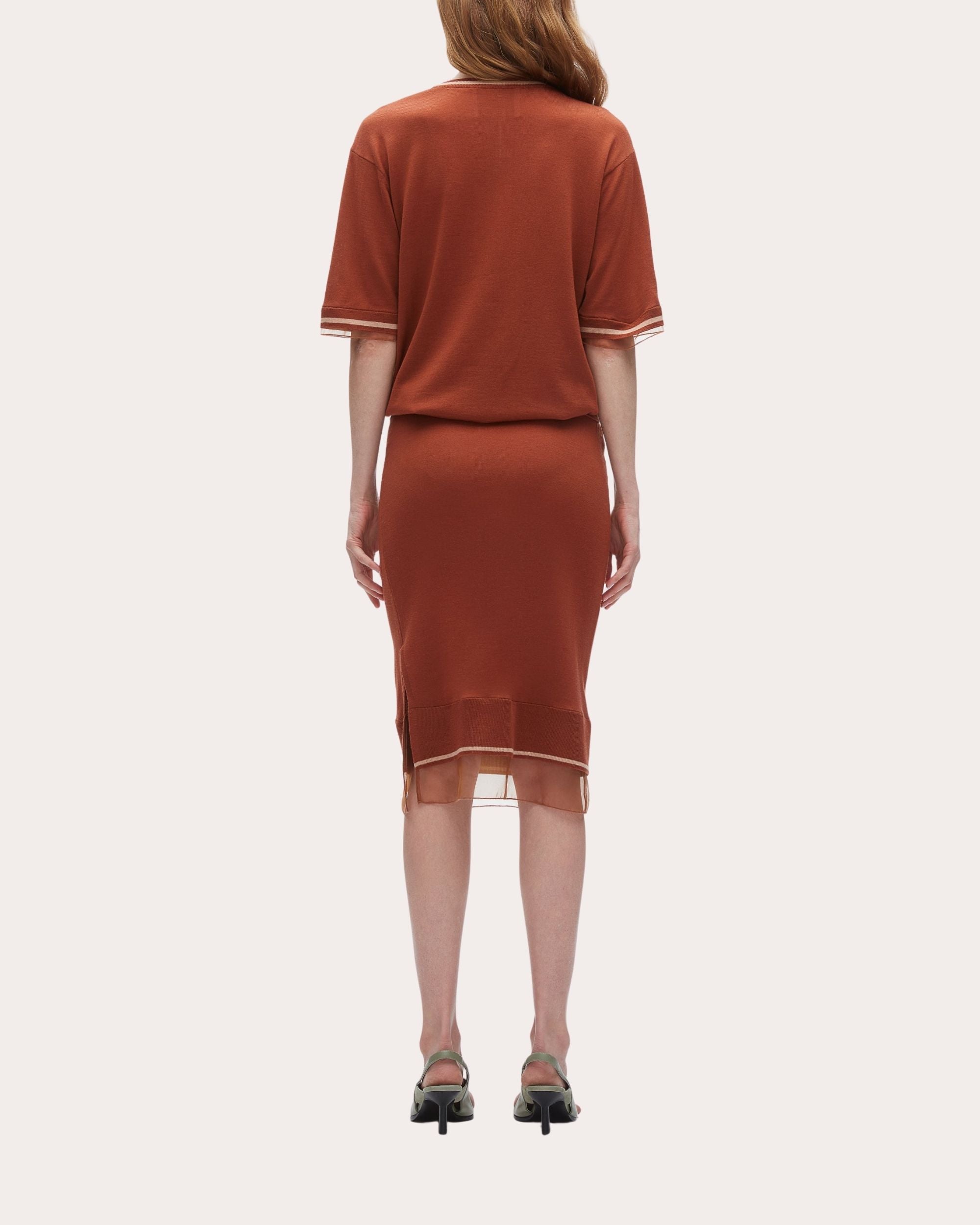 Organza Trimmed Gathered Wool Sweater Dress
