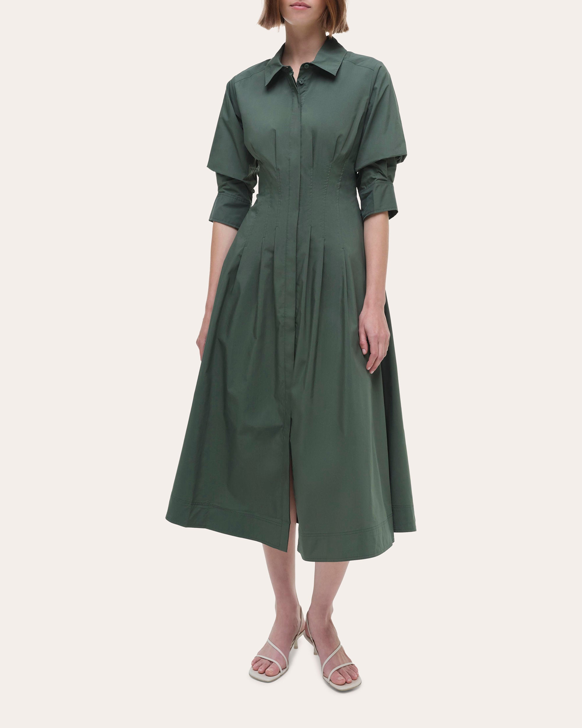 Jazz Pleated Cotton Poplin Midi Shirt Dress