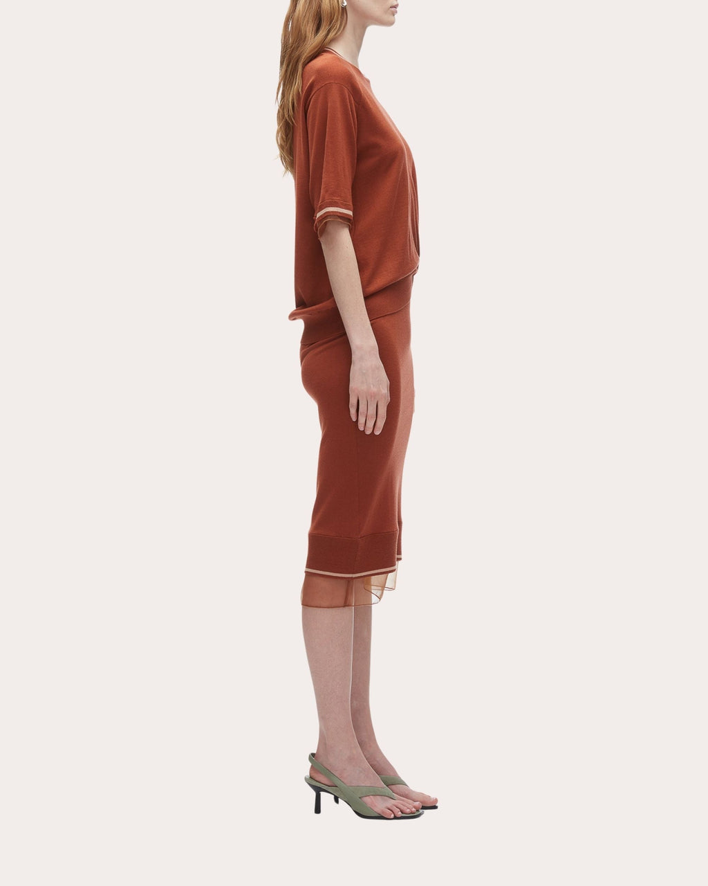 Organza Trimmed Gathered Wool Sweater Dress