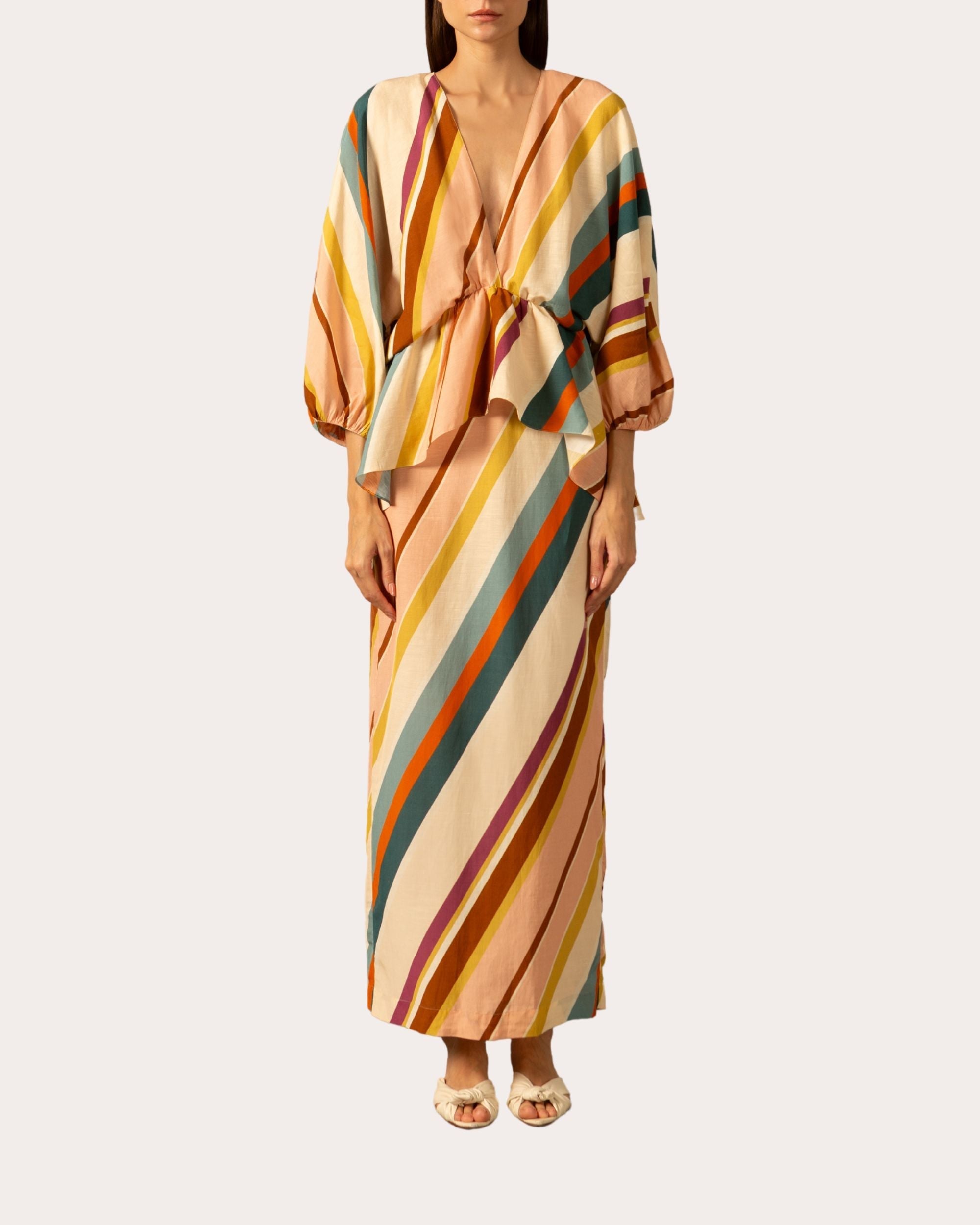 Striped Linen-Blend Peplum Midi Dress