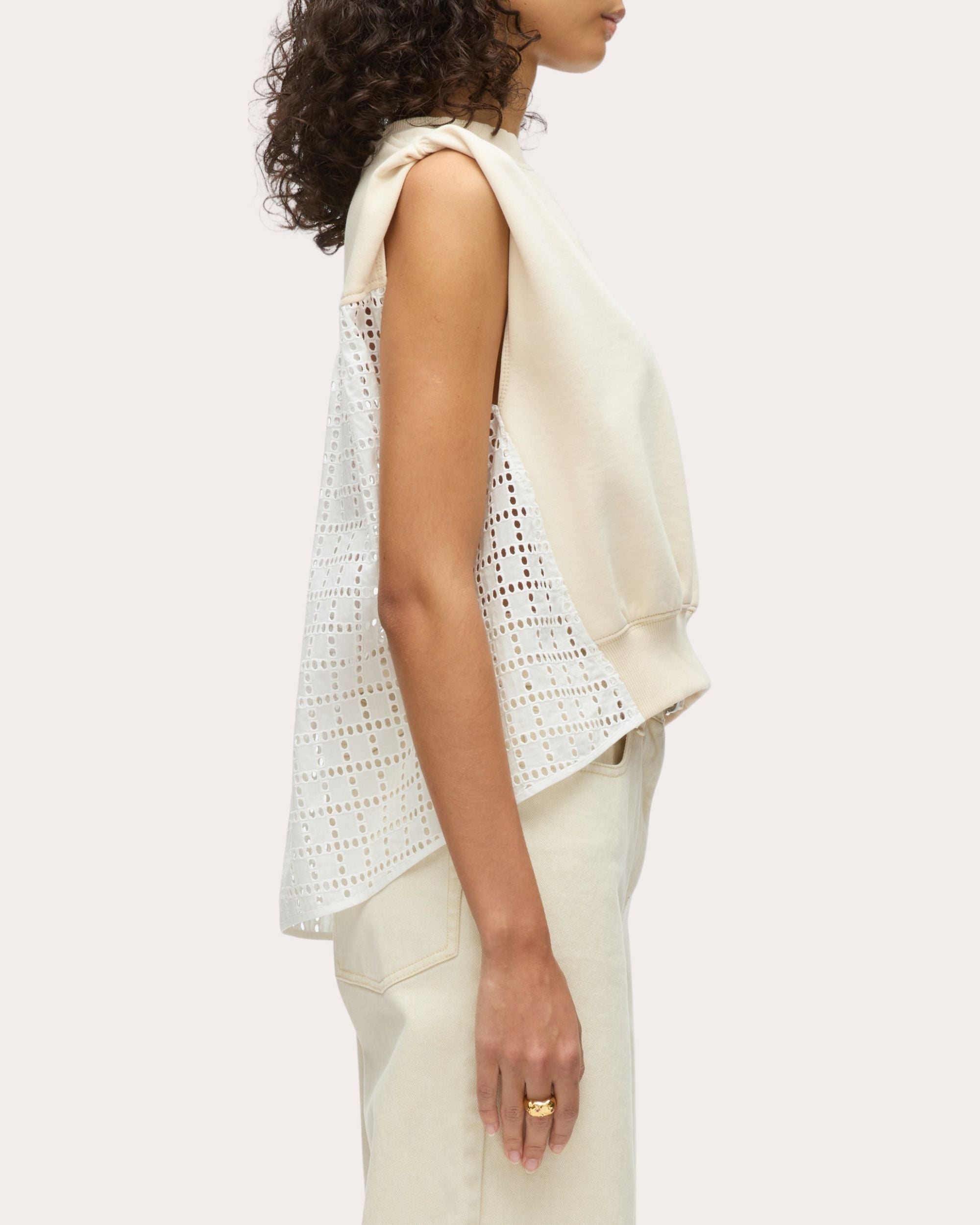 Asymmetric French Terry and Broderie Anglaise Top