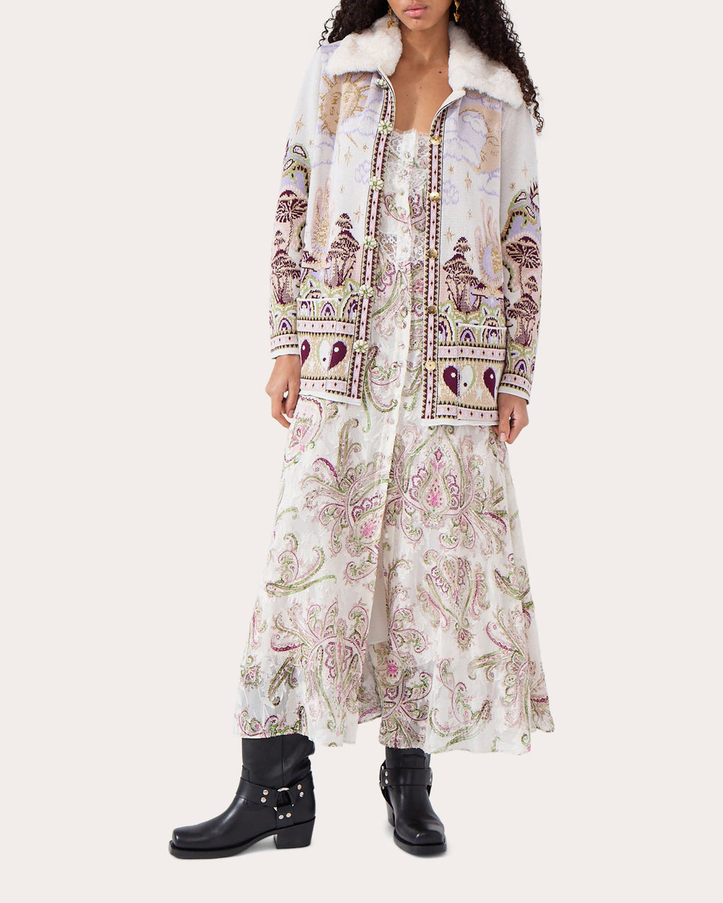 Written in the Stars Faux Fur Trimmed Jacquard Knit Jacket