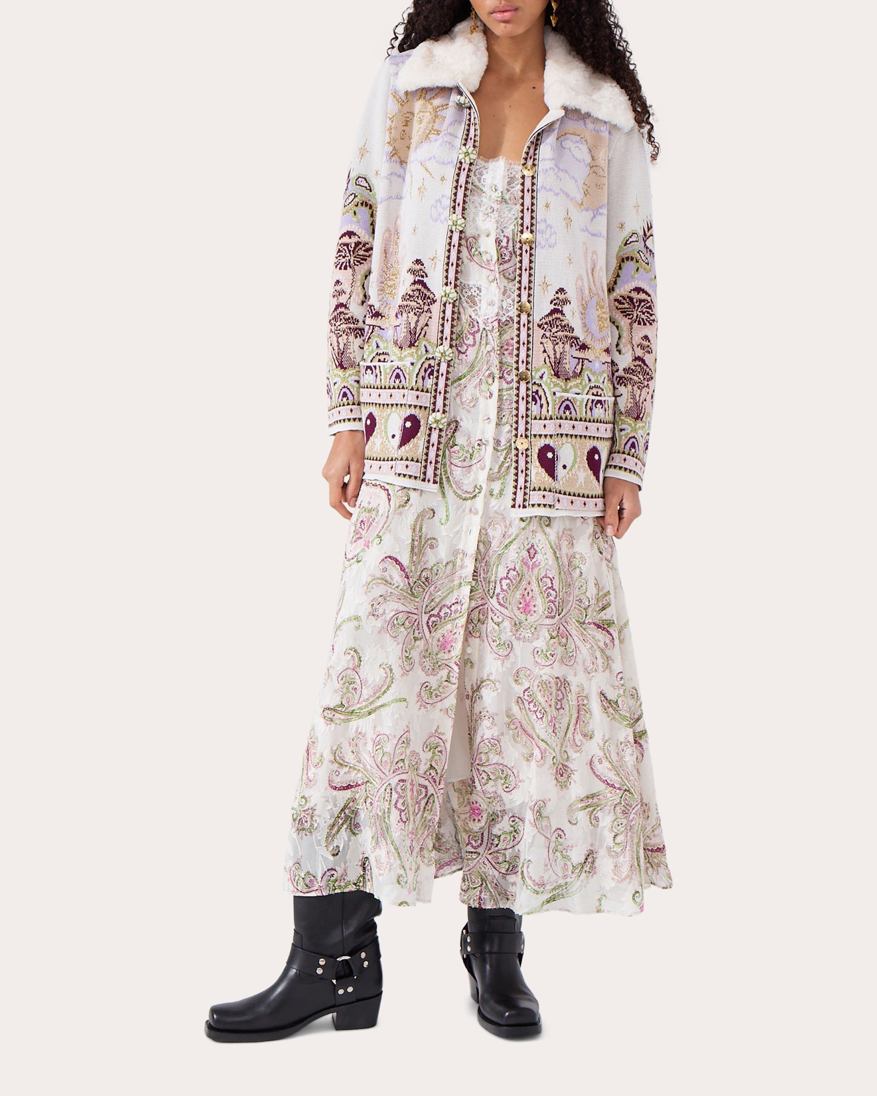 Written in the Stars Faux Fur Trimmed Jacquard Knit Jacket