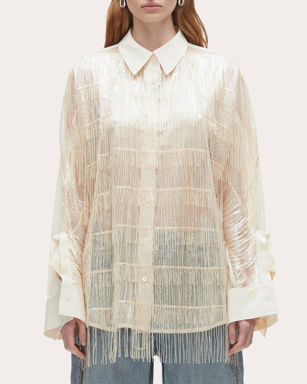 Fringed Sequin-Embellished Crepe Blouse