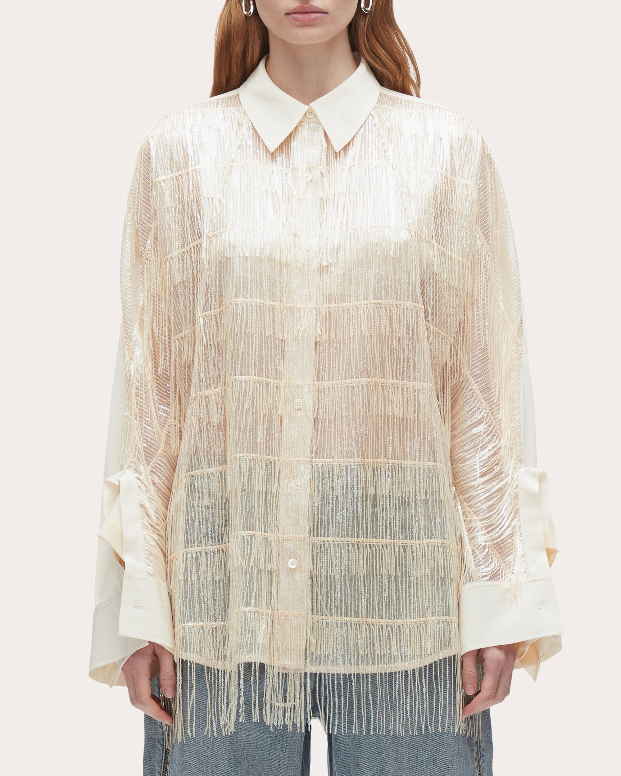 Fringed Sequin-Embellished Crepe Blouse