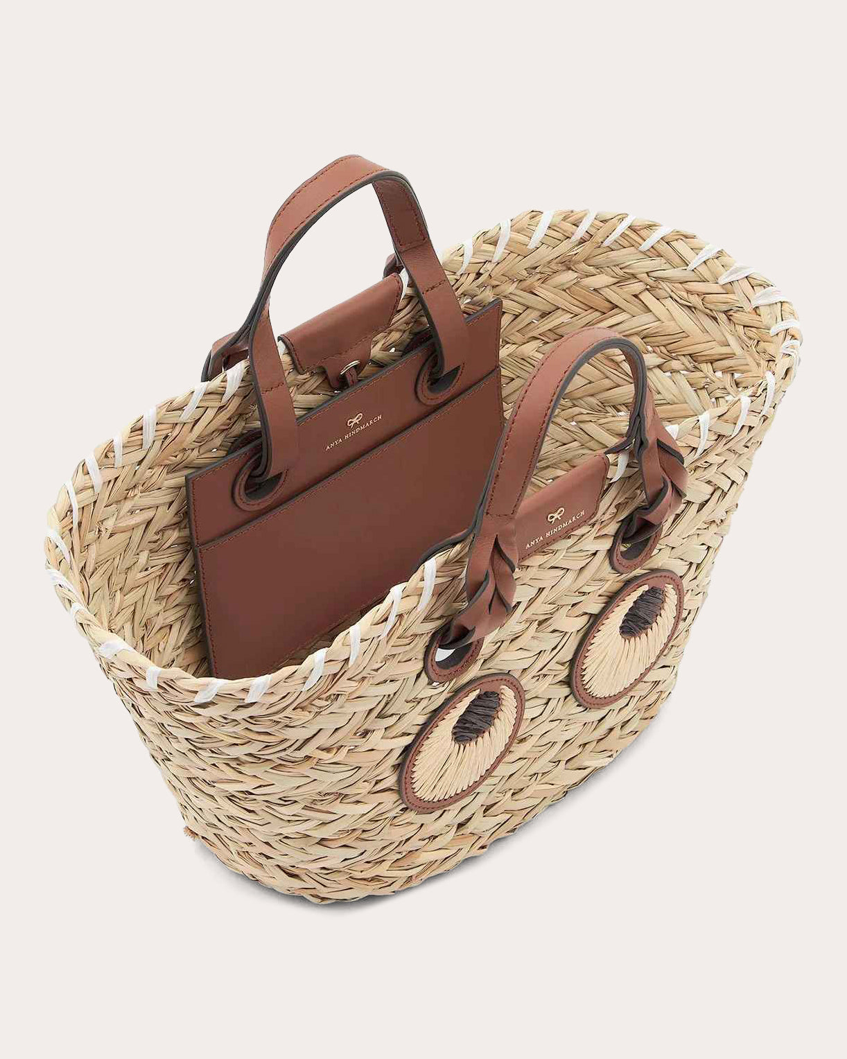 Small Eyes Leather-Trimmed Raffia Tote