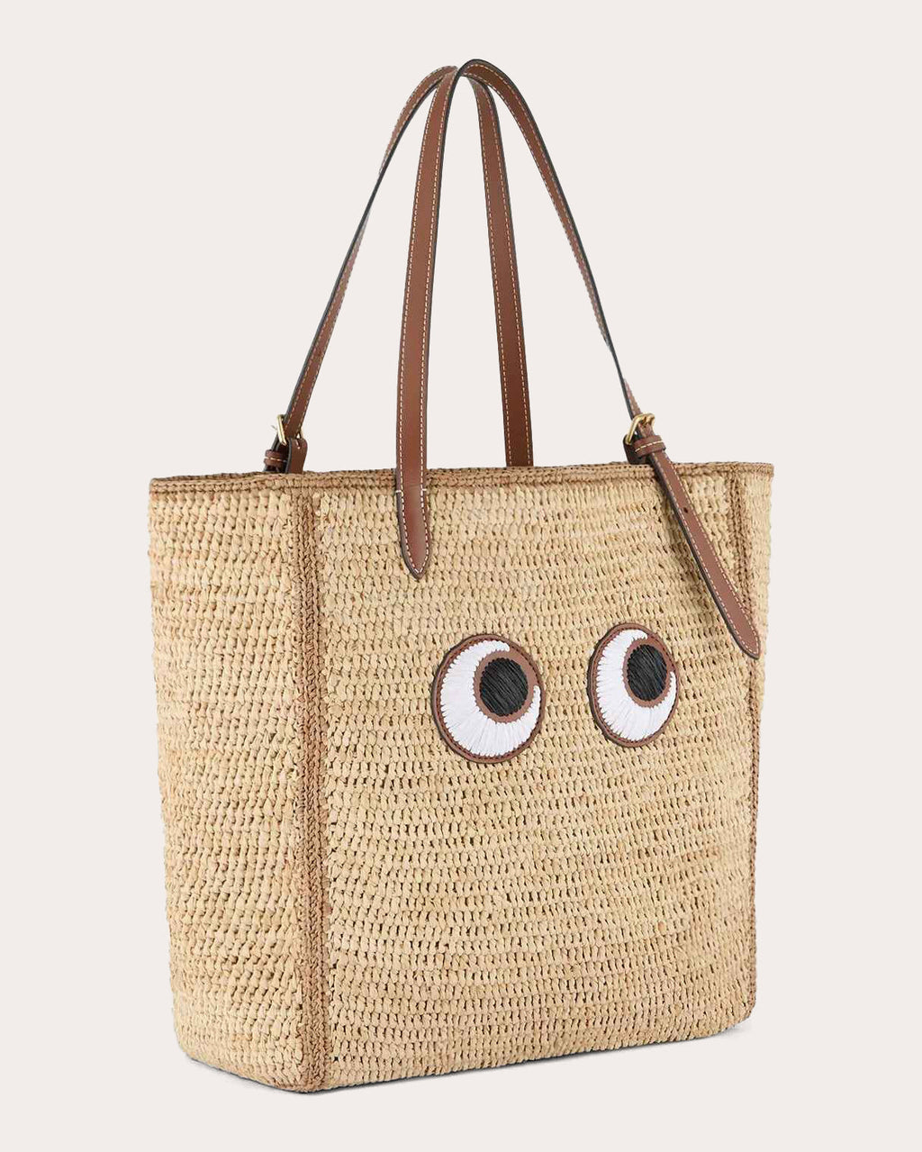 Small Eyes Appliquéd Leather-Trimmed Raffia Tote