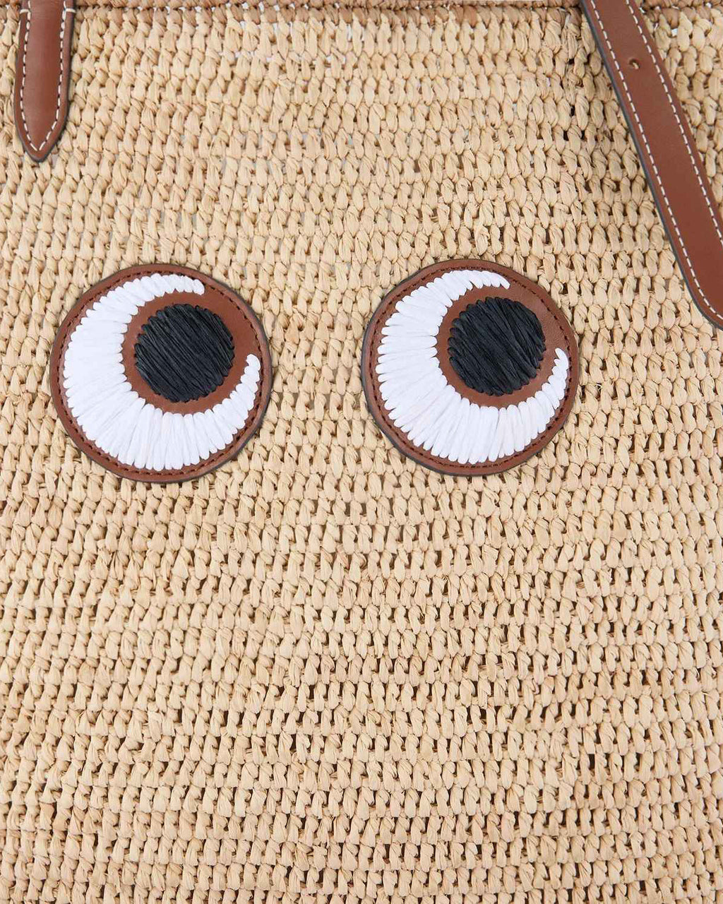 Small Eyes Appliquéd Leather-Trimmed Raffia Tote