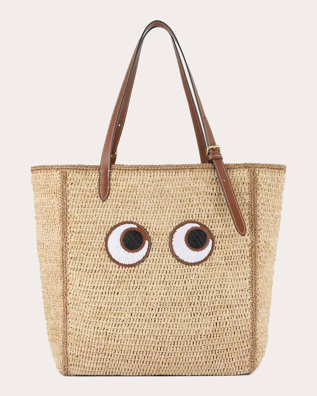 Small Eyes Appliquéd Leather-Trimmed Raffia Tote