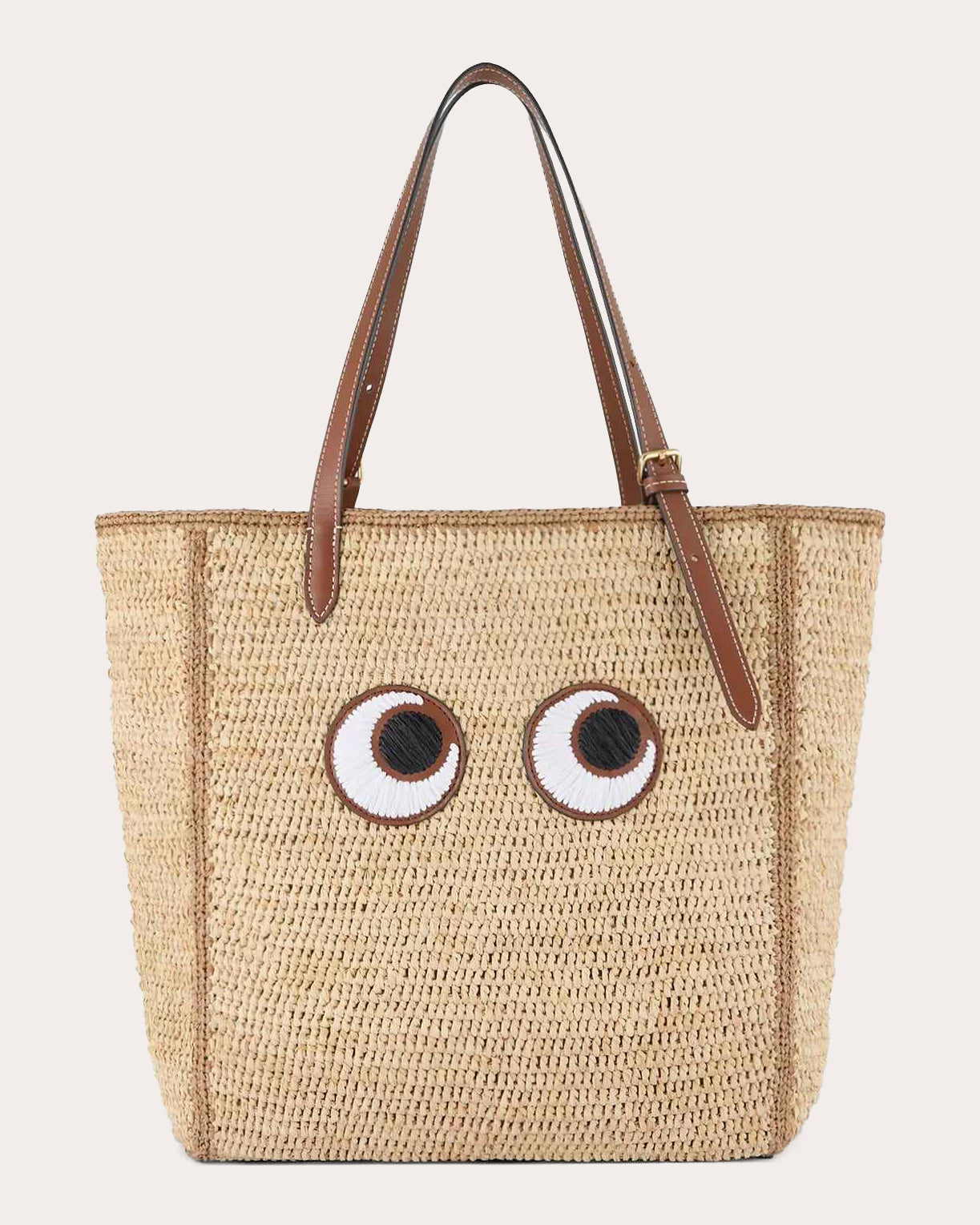 Small Eyes Appliquéd Leather-Trimmed Raffia Tote