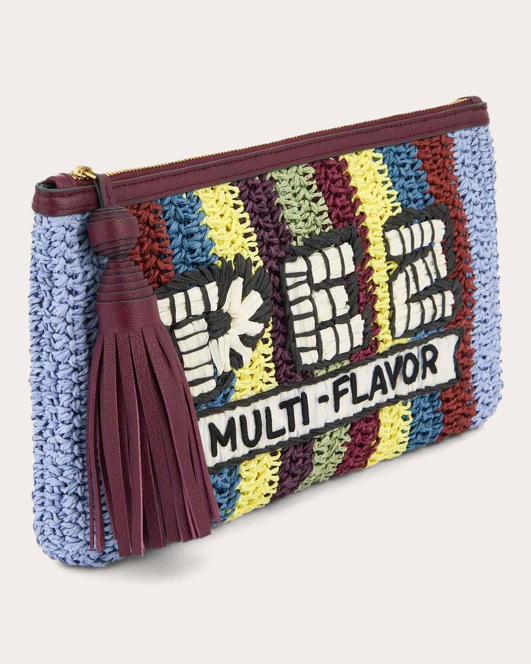 Pez Tasseled Embroidered Raffia Clutch