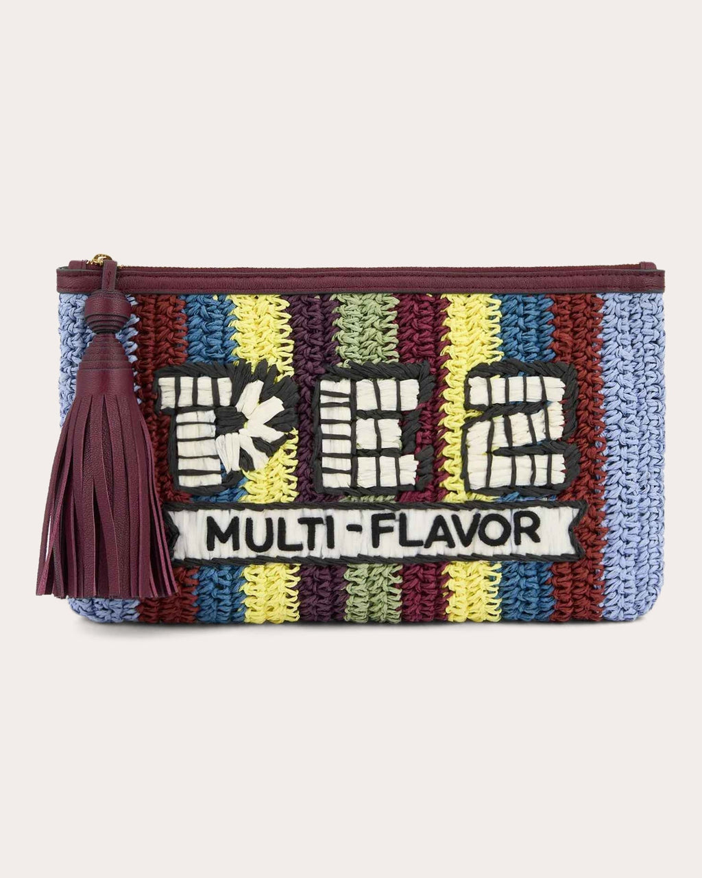 Pez Tasseled Embroidered Raffia Clutch