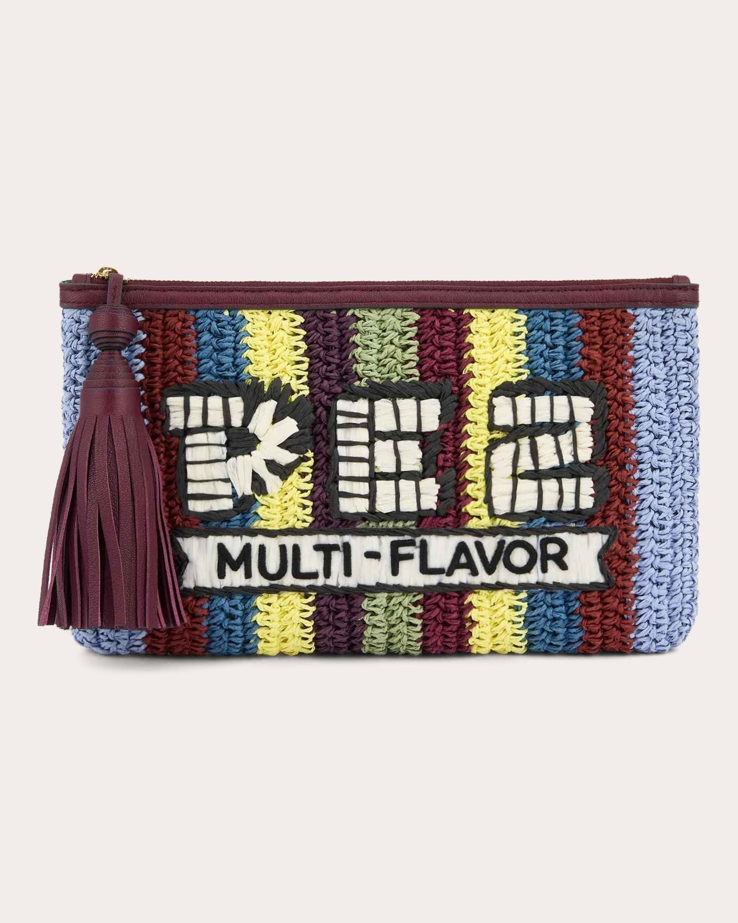 Pez Tasseled Embroidered Raffia Clutch