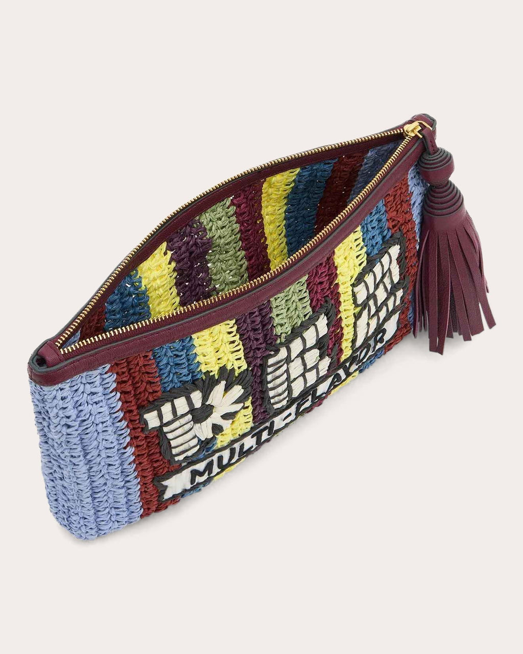 Pez Tasseled Embroidered Raffia Clutch