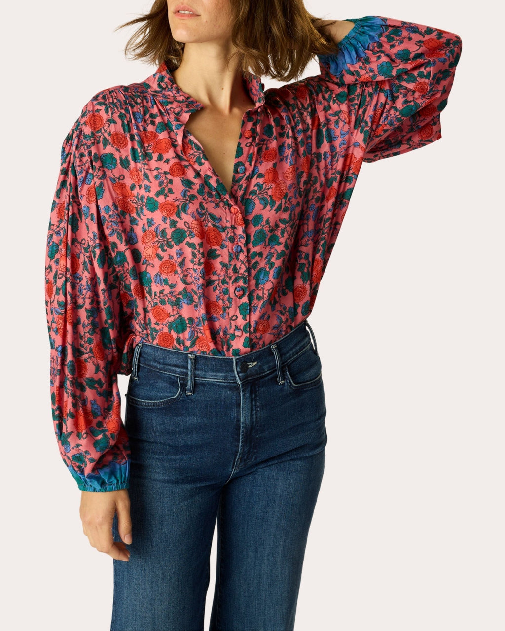 Iris Floral Button-Up Peasant Top