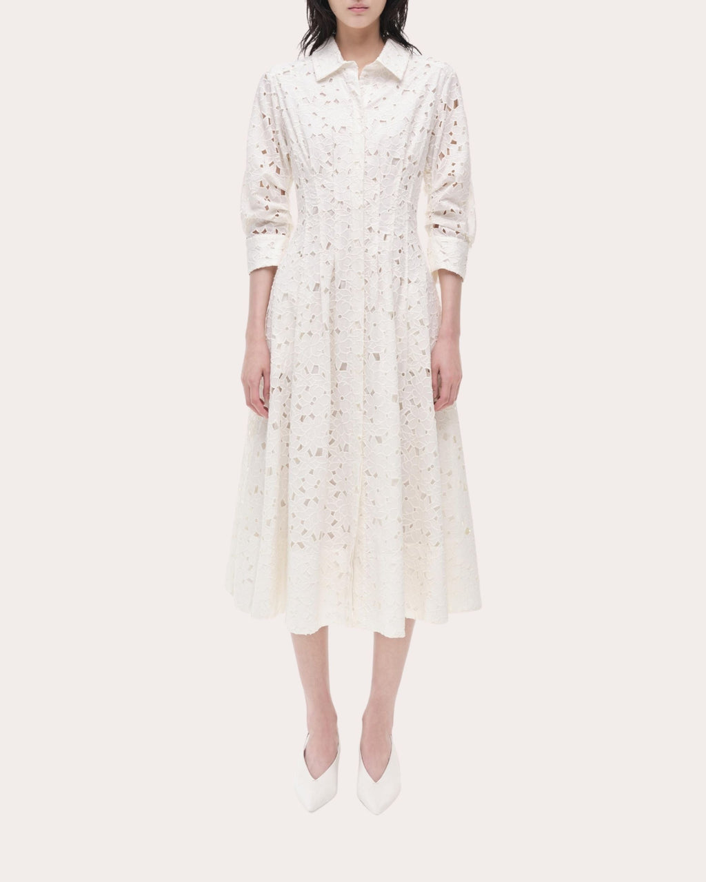 Jazz Embroidered Cotton Pintuck Midi Shirt Dress