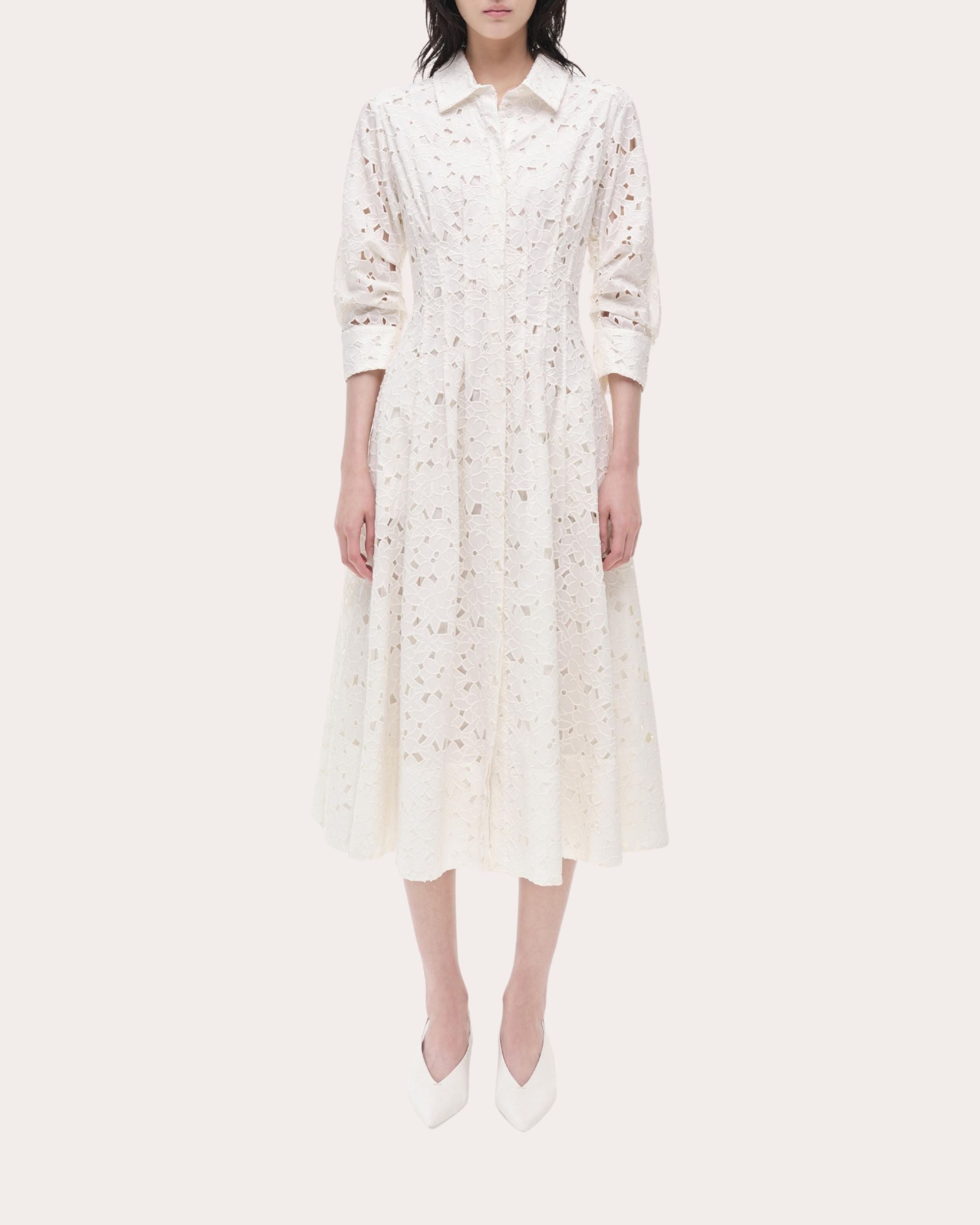 Jazz Embroidered Cotton Pintuck Midi Shirt Dress