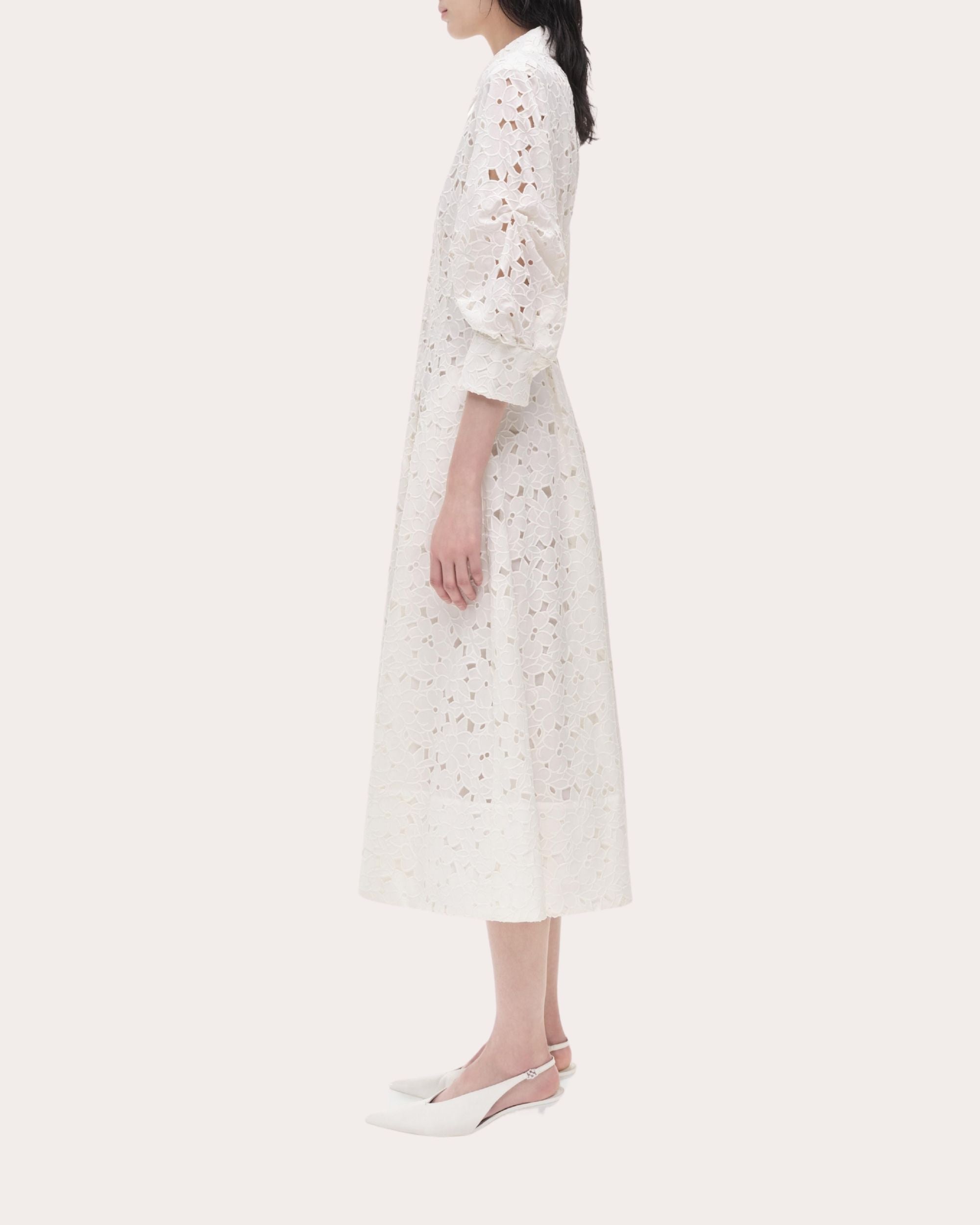 Jazz Embroidered Cotton Pintuck Midi Shirt Dress