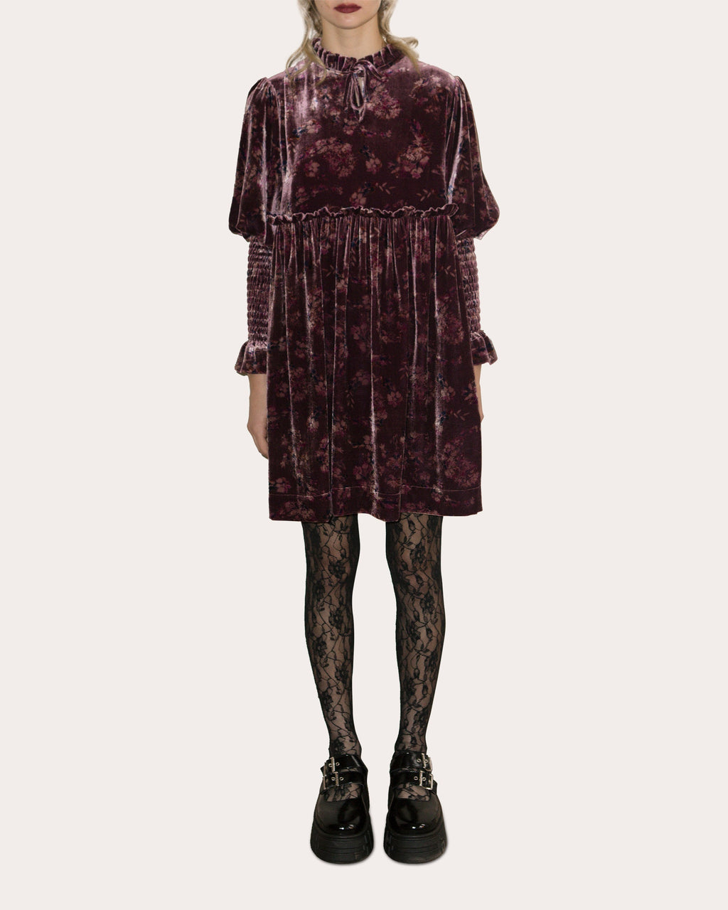 Isabella Shirred Printed Velvet Mini Dress