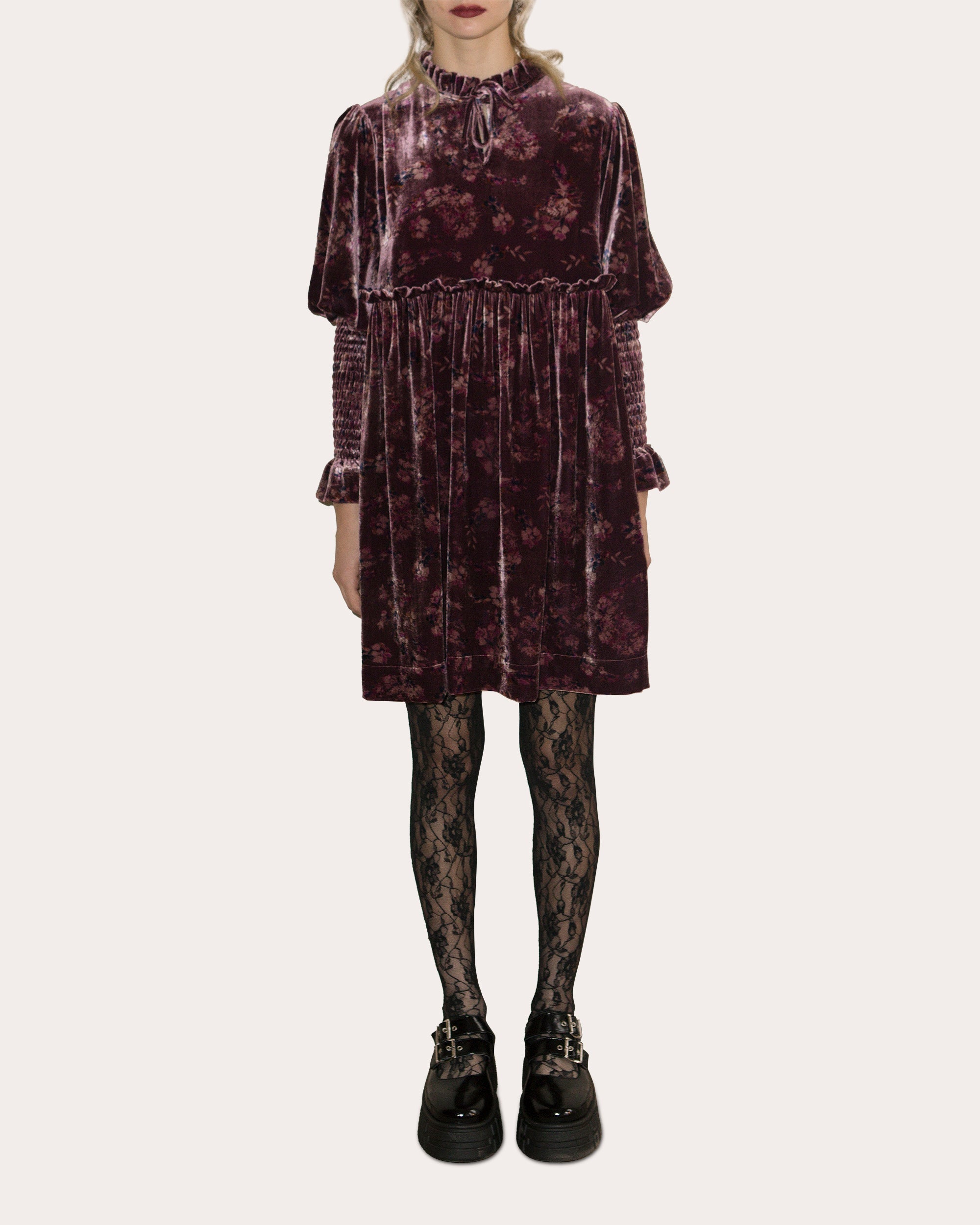 Isabella Shirred Printed Velvet Mini Dress