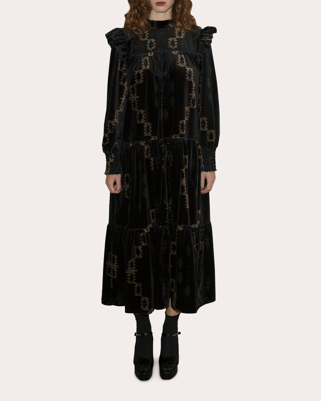 Tilly Tiered Printed Velvet Midi Dress