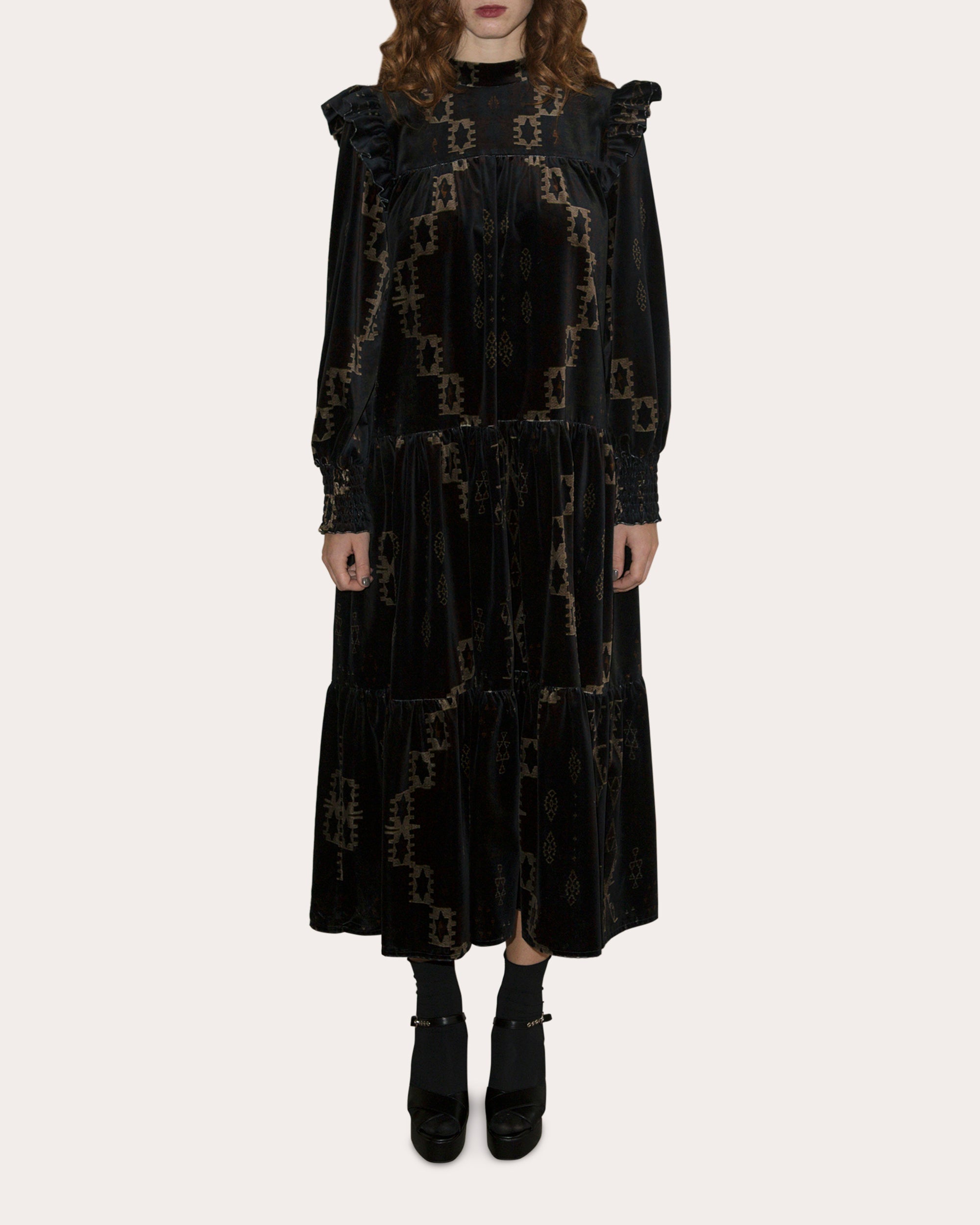 Tilly Tiered Printed Velvet Midi Dress