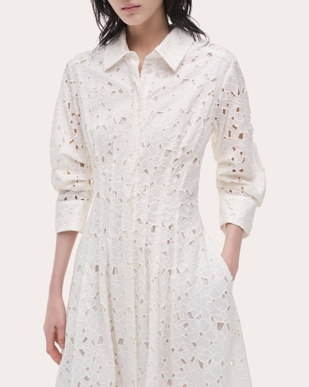Jazz Embroidered Cotton Pintuck Midi Shirt Dress