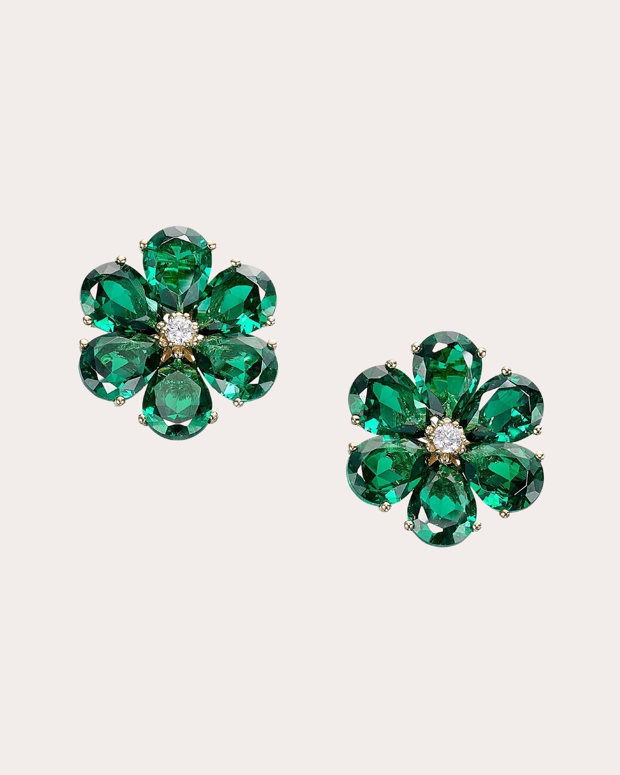Marguerite 18K Gold Vermeil Lab-Grown Emerald and Diamond Daisy Earrings