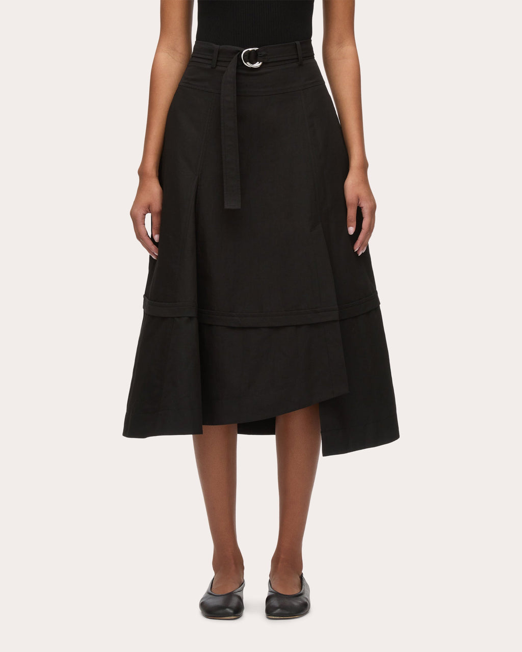 Belted Asymmetric Paneled Cotton Midi Skirt