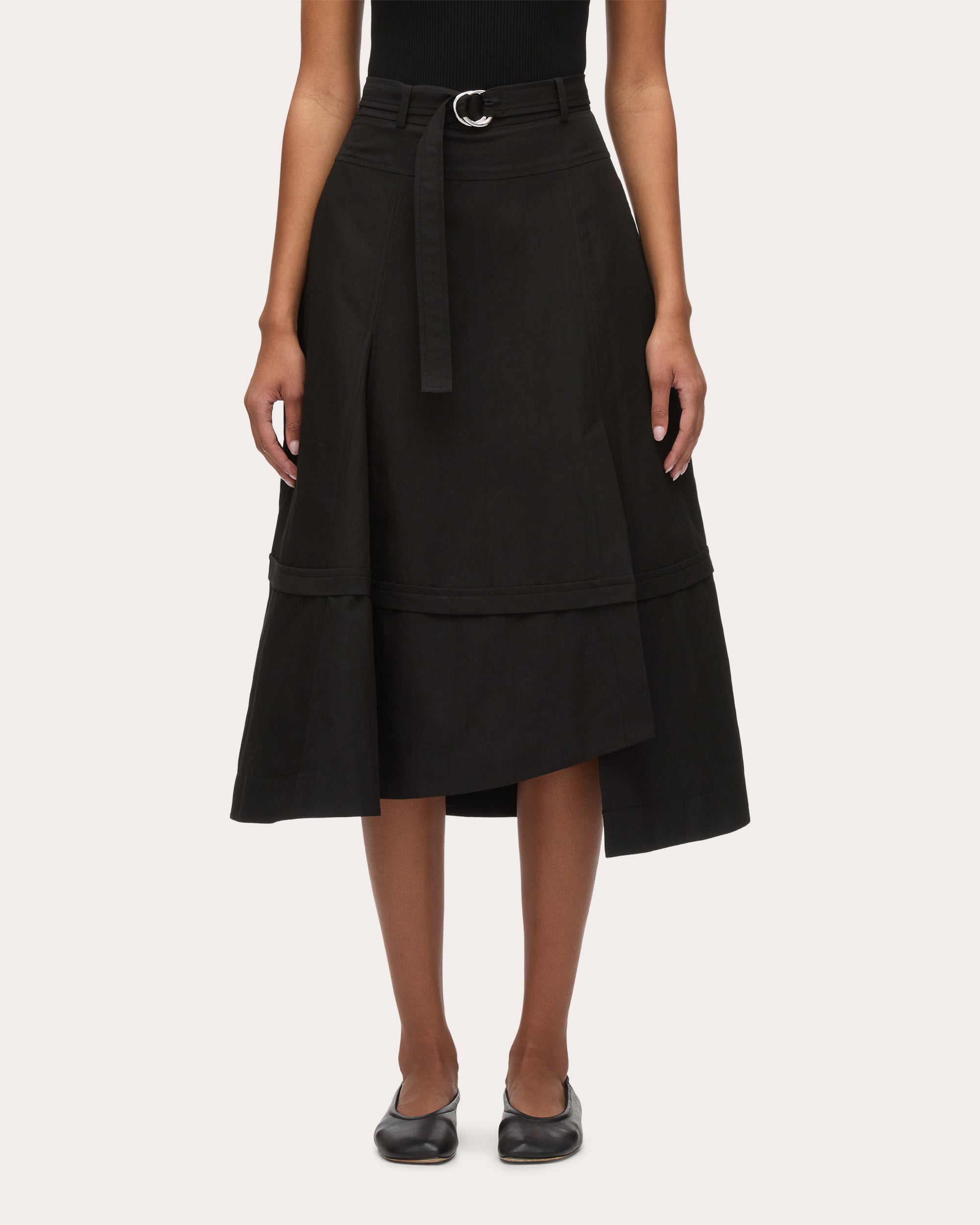 Belted Asymmetric Paneled Cotton Midi Skirt