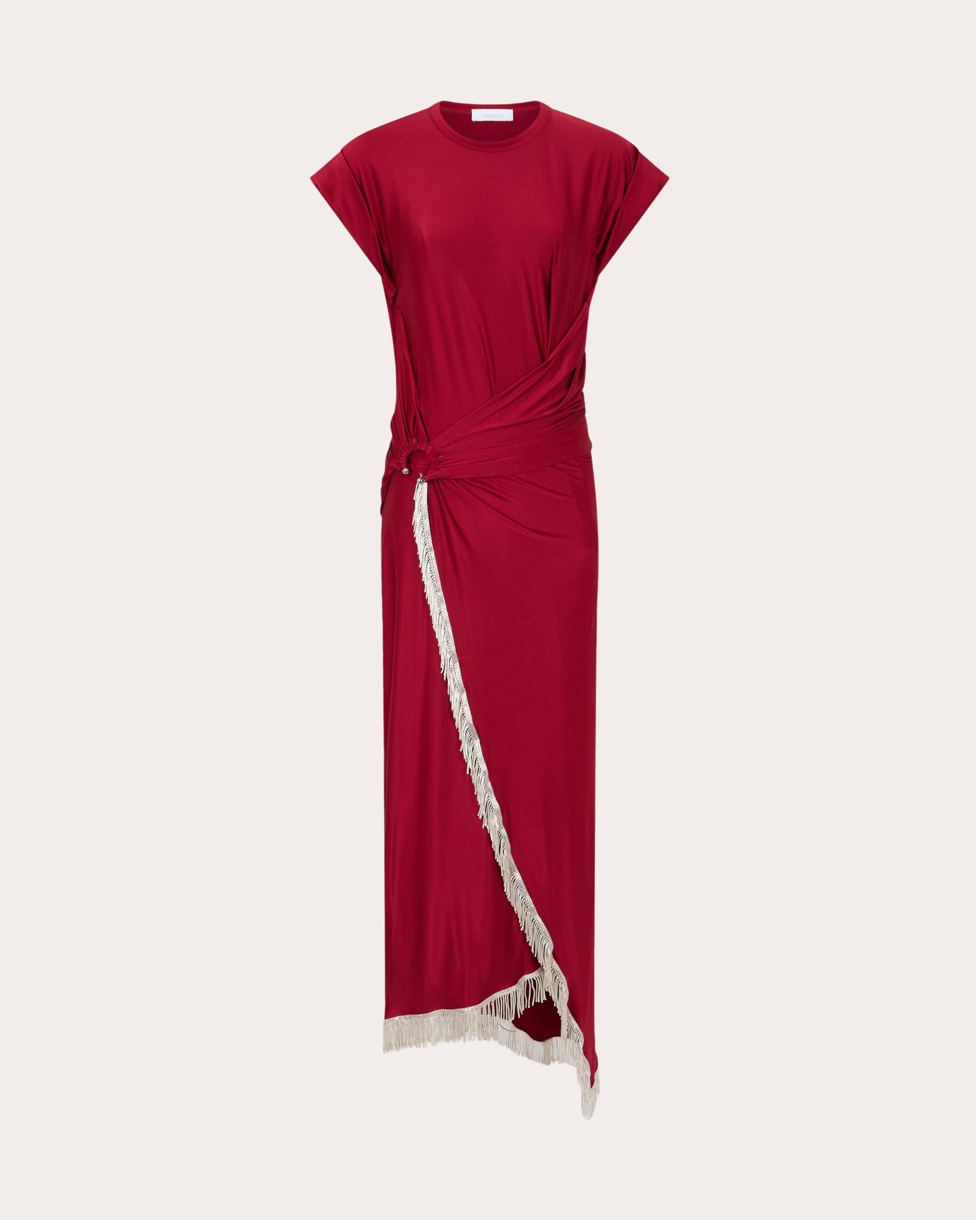 Embellished Asymmetric Satin Jersey Midi Dress