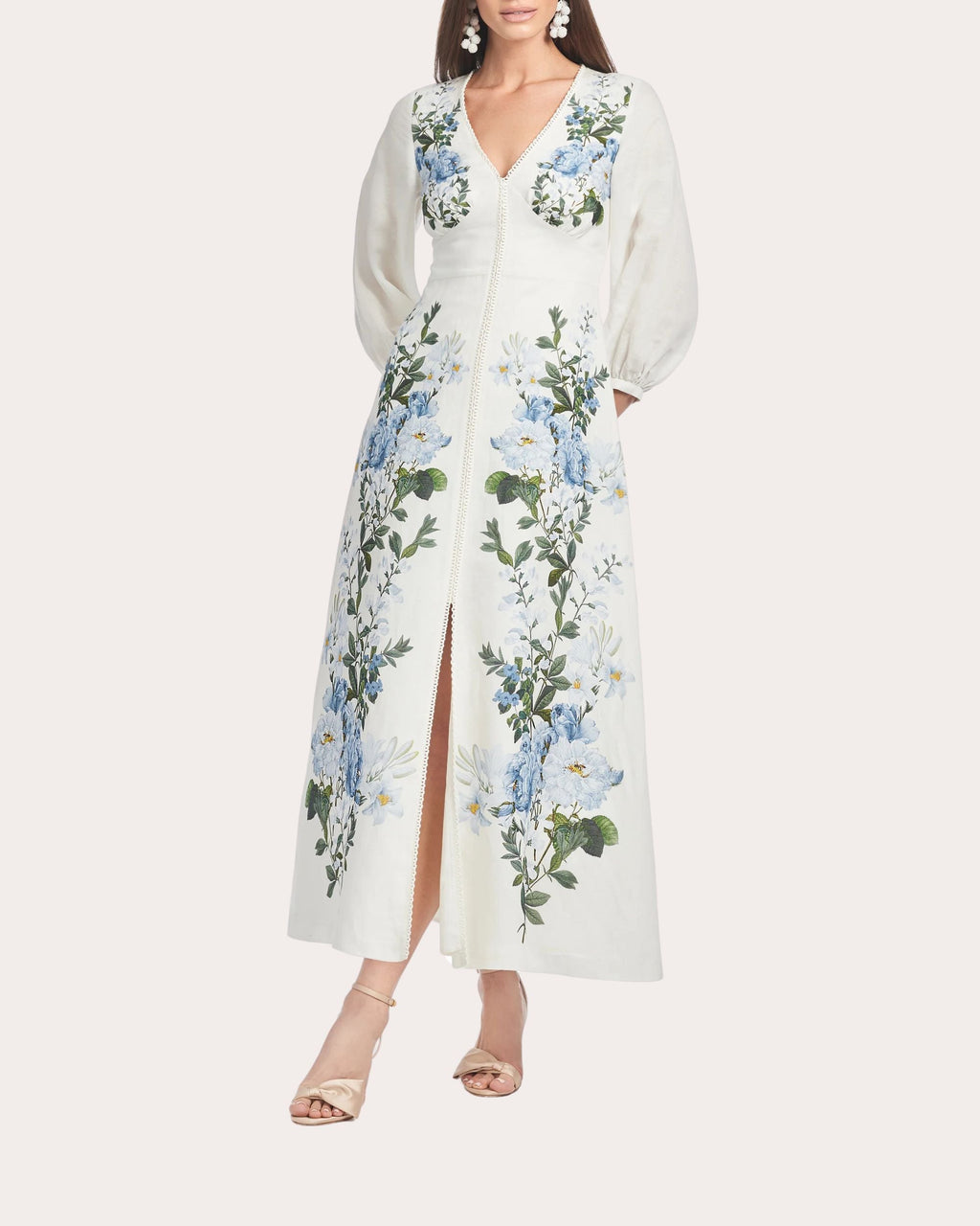 Varenna Lace Embroidered Floral Print Linen Blend Midi Dress