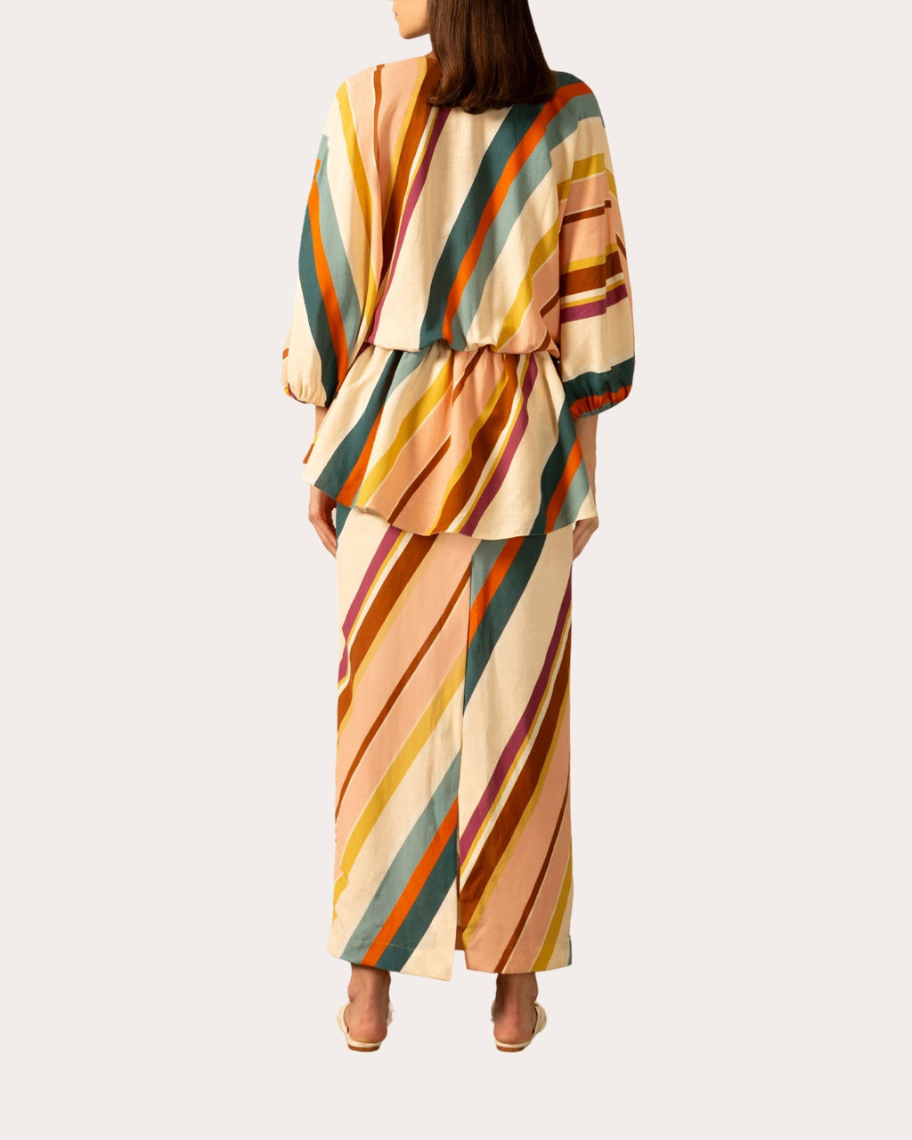 Striped Linen-Blend Peplum Midi Dress
