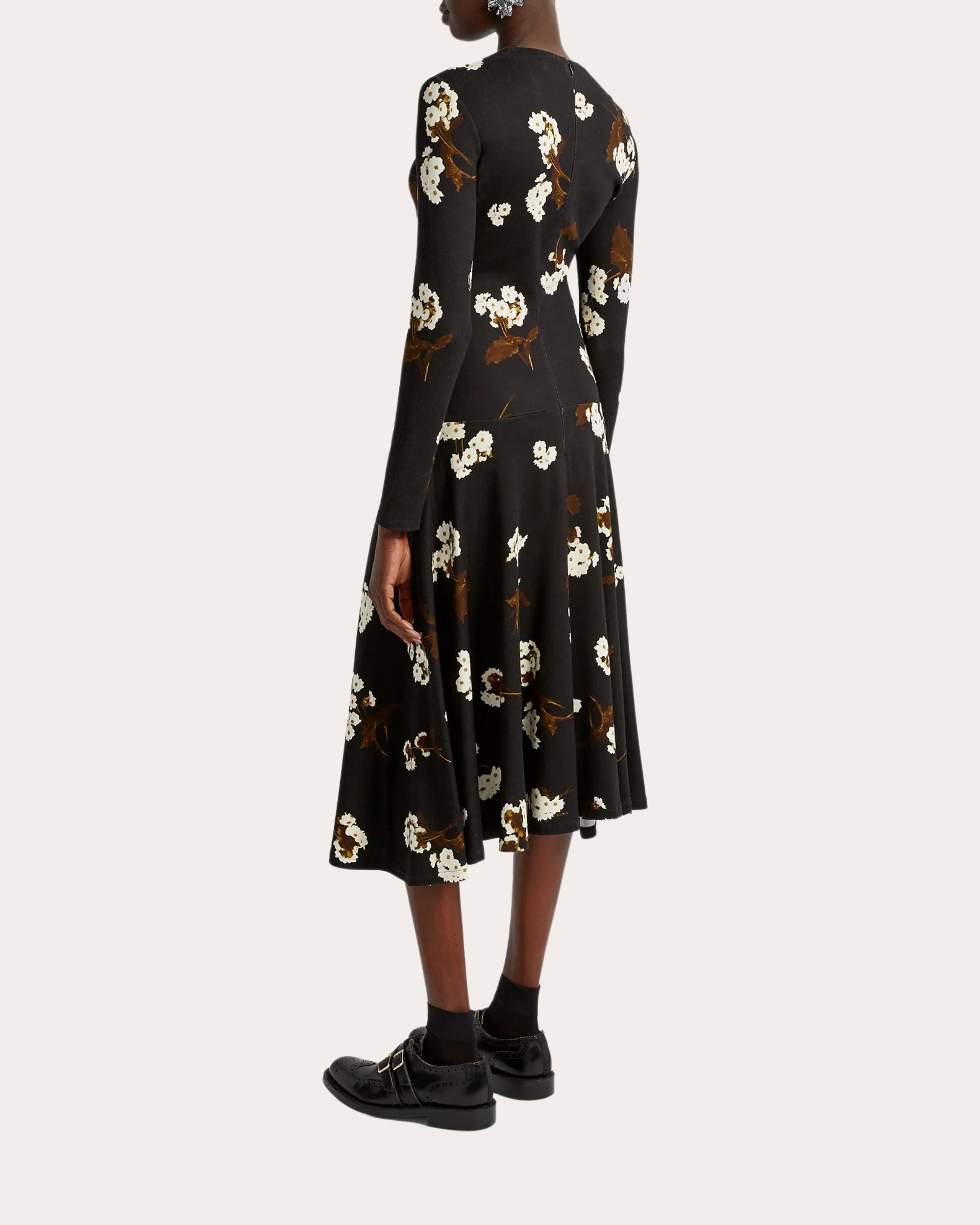 Ruched Floral-Print Ponte Jersey Midi Dress