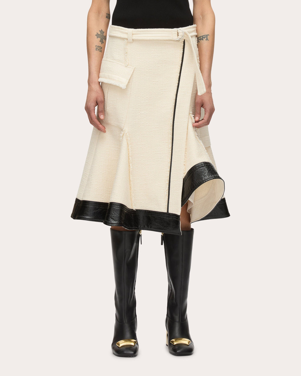 Belted Faux Leather-Trim Tweed Skirt