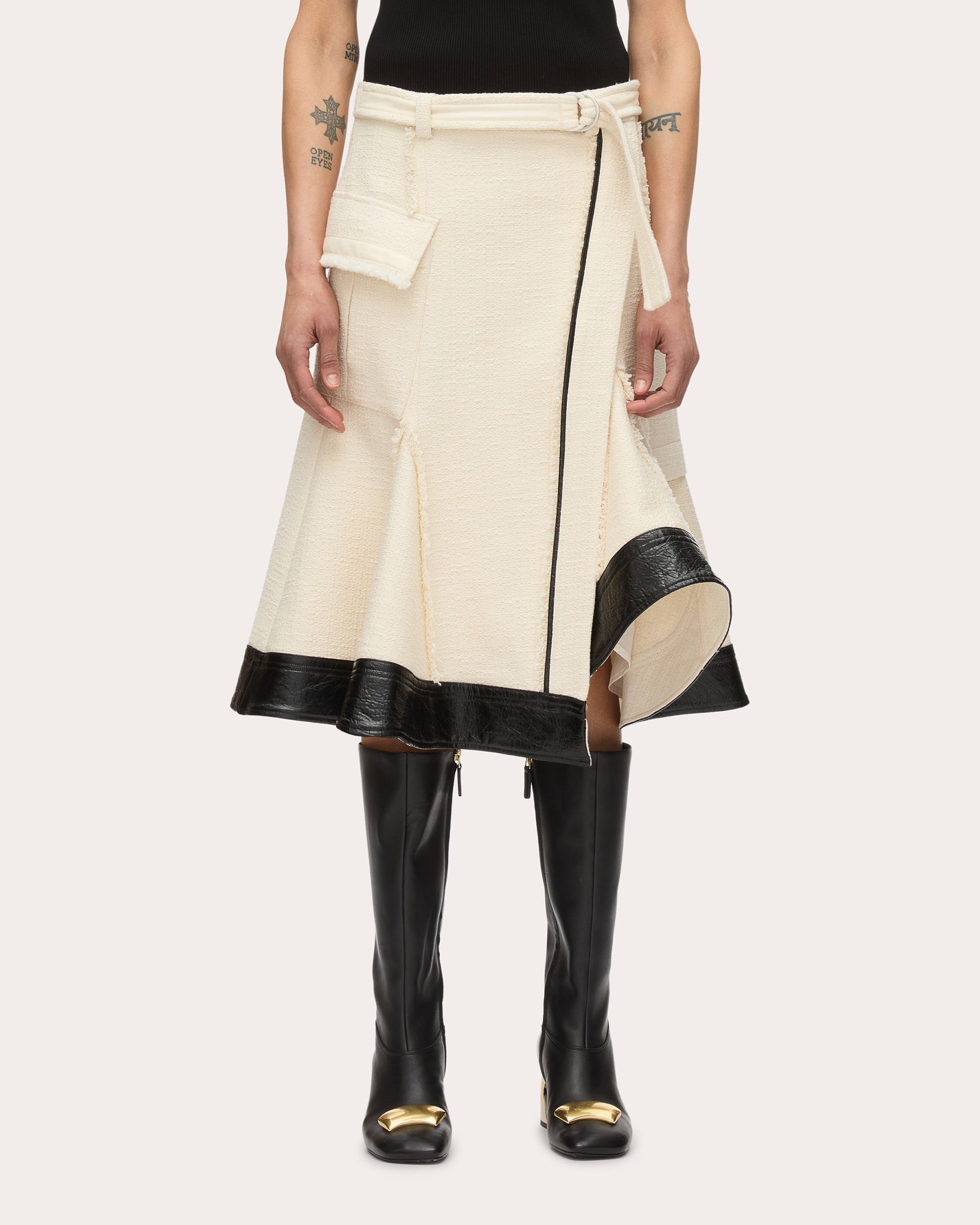 Belted Faux Leather-Trim Tweed Skirt