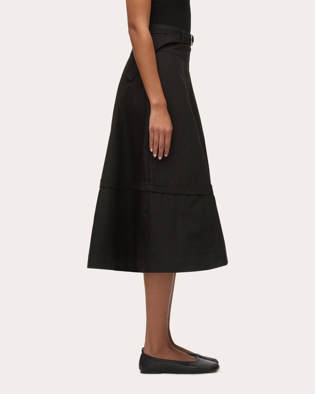 Belted Asymmetric Paneled Cotton Midi Skirt